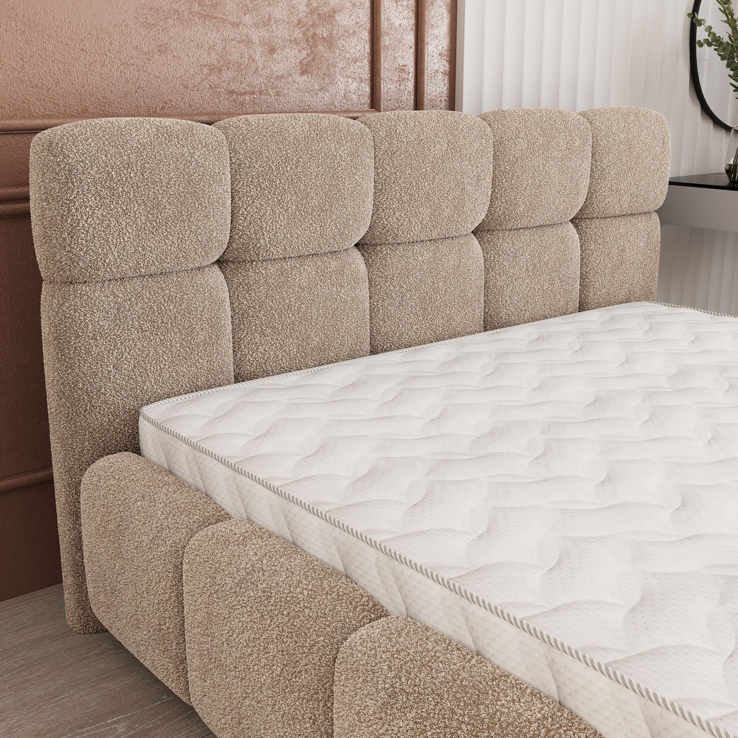 Masseno Polsterbett FARU 180x200 cm beige (mit Bettkasten und Lattenrost)