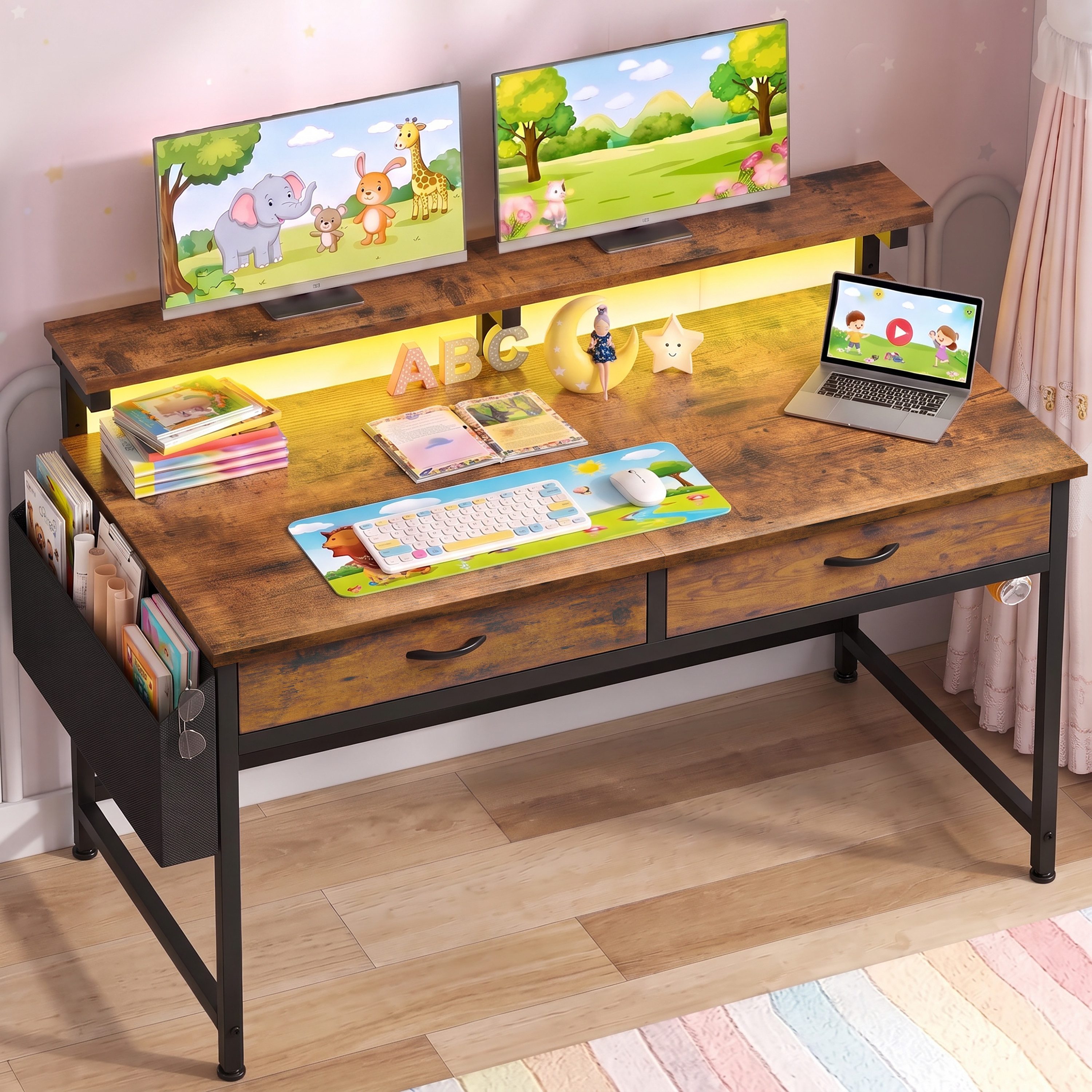 Klyvvo Schreibtisch mit 3 Schubladen, Gaming Schreibtisch mit LED Bieten Stauraum (1-St., Monitorständer & Seitenfach, Gaming Tisch RGB mit Fernbedienung), Kompakte Maße Passen Gut in Studierende, Home-Office-Arbeiter