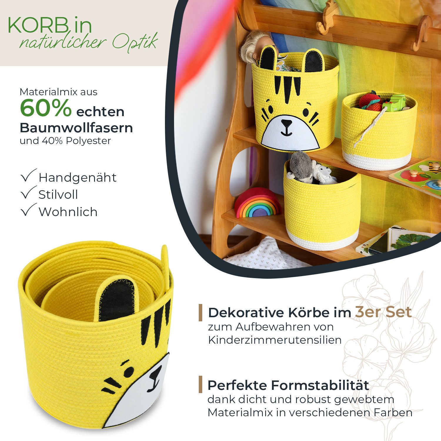 HMF Aufbewahrungskorb Aufbewahrungskorb mit versteckten Griffen (3er, Set), Korb für Kinderzimmer aus Baumwolle, Tiger, Groß, Mittel, Klein – Bild 2 von 5