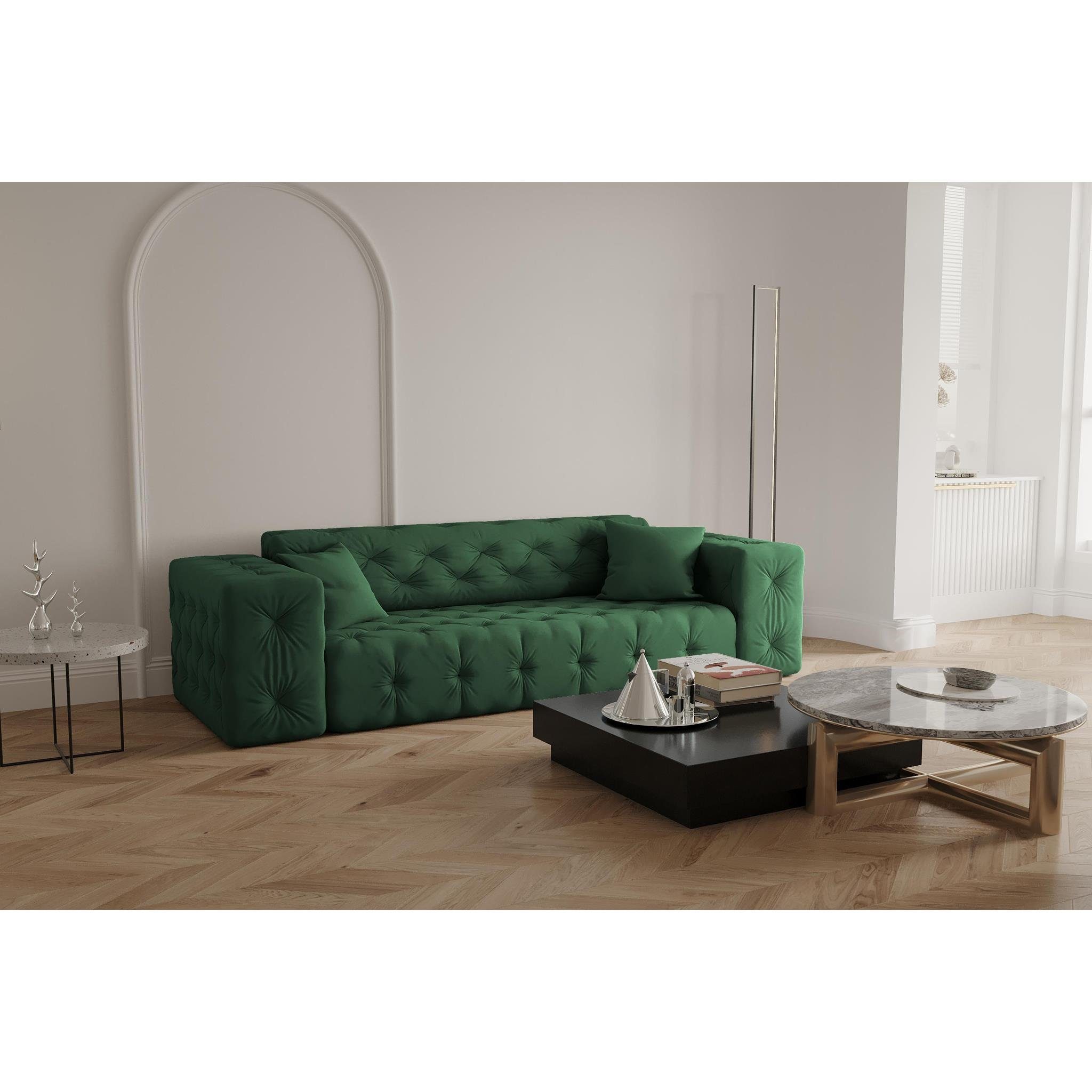im Beautysofa Velvetstoff, green Knopfheftung Opera Sofa hochwertiger 3-Sitzer 3-Sitzer Chesterfield-Design, Moreno, aus