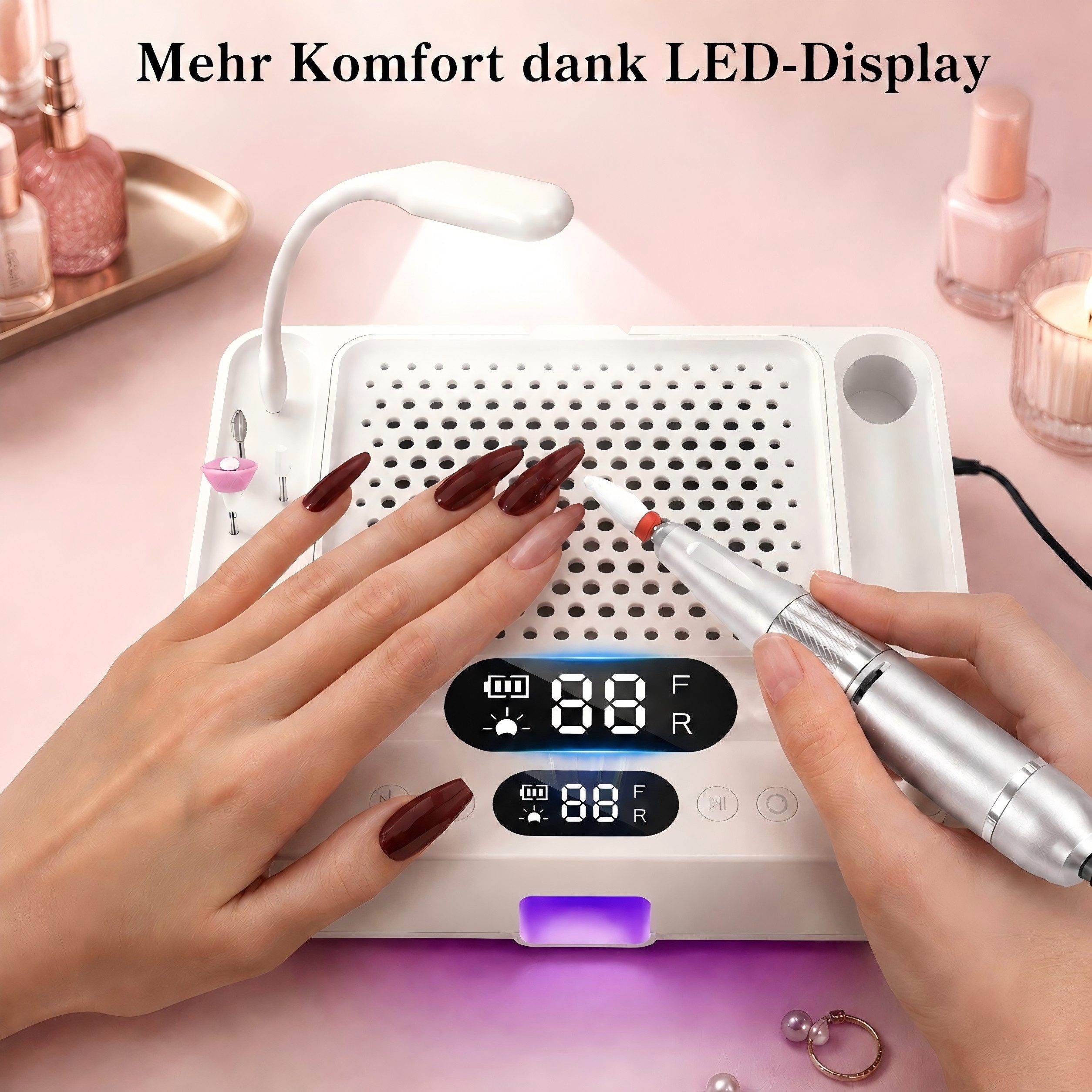 SWGOTA Maniküre-Pediküre-Set 3-in-1 Maniküregerät mit Nagelfräser, Staubabsaugung und UV/LED-Lampe, Maniküregerät für Nagelstudio und Zuhause, 80W Absaugung, Waschbarer Filter, <35dB, 96W UV LED, Stufenlos 1-40