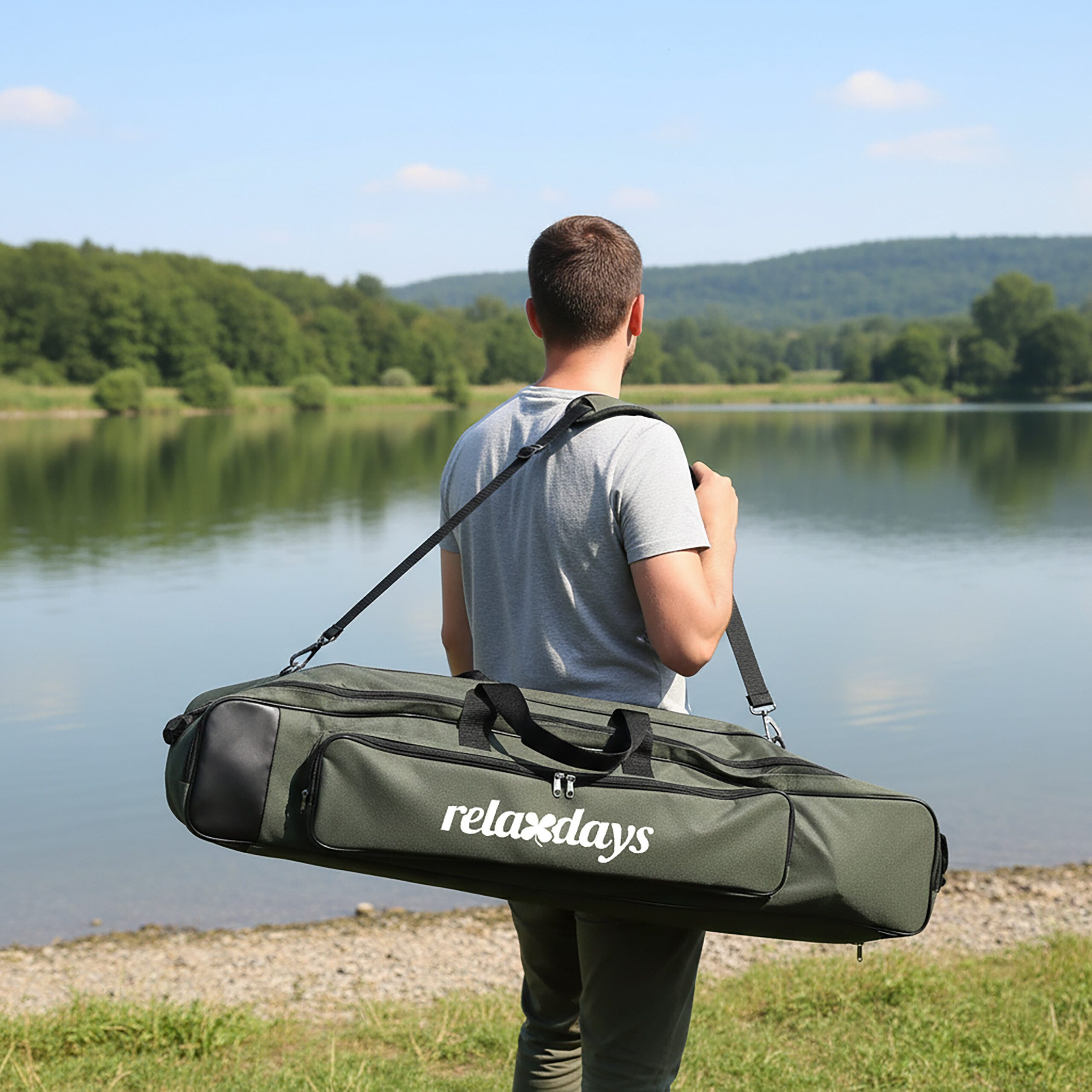 relaxdays Angelrutentasche Große Angeltasche Rutentasche 5 Fächer, grün, 100 cm