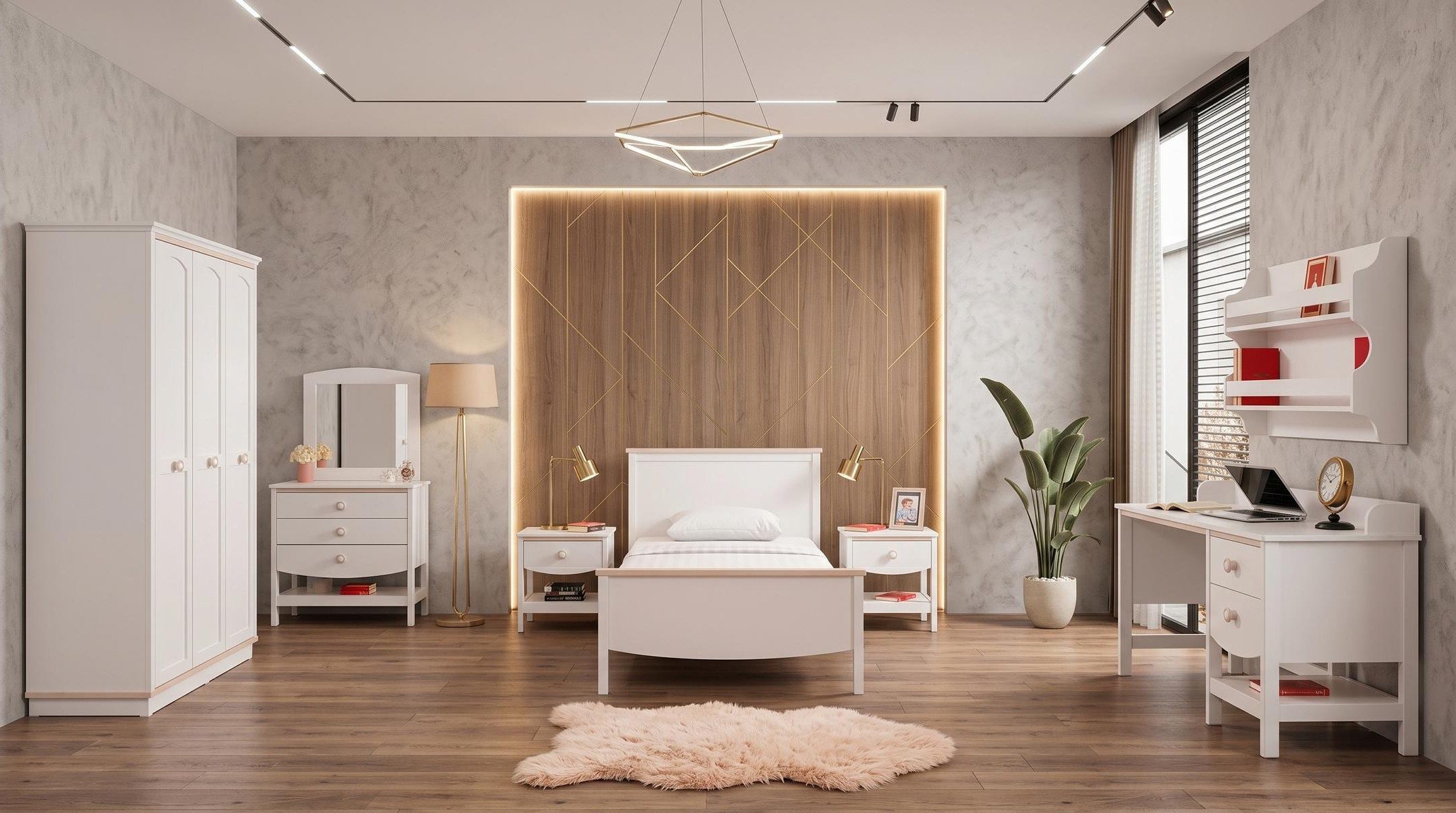Xlmoebel Kleiderschrank Weißes Jugendzimmer mit Bett, Nachttischen, Kleiderschrank und