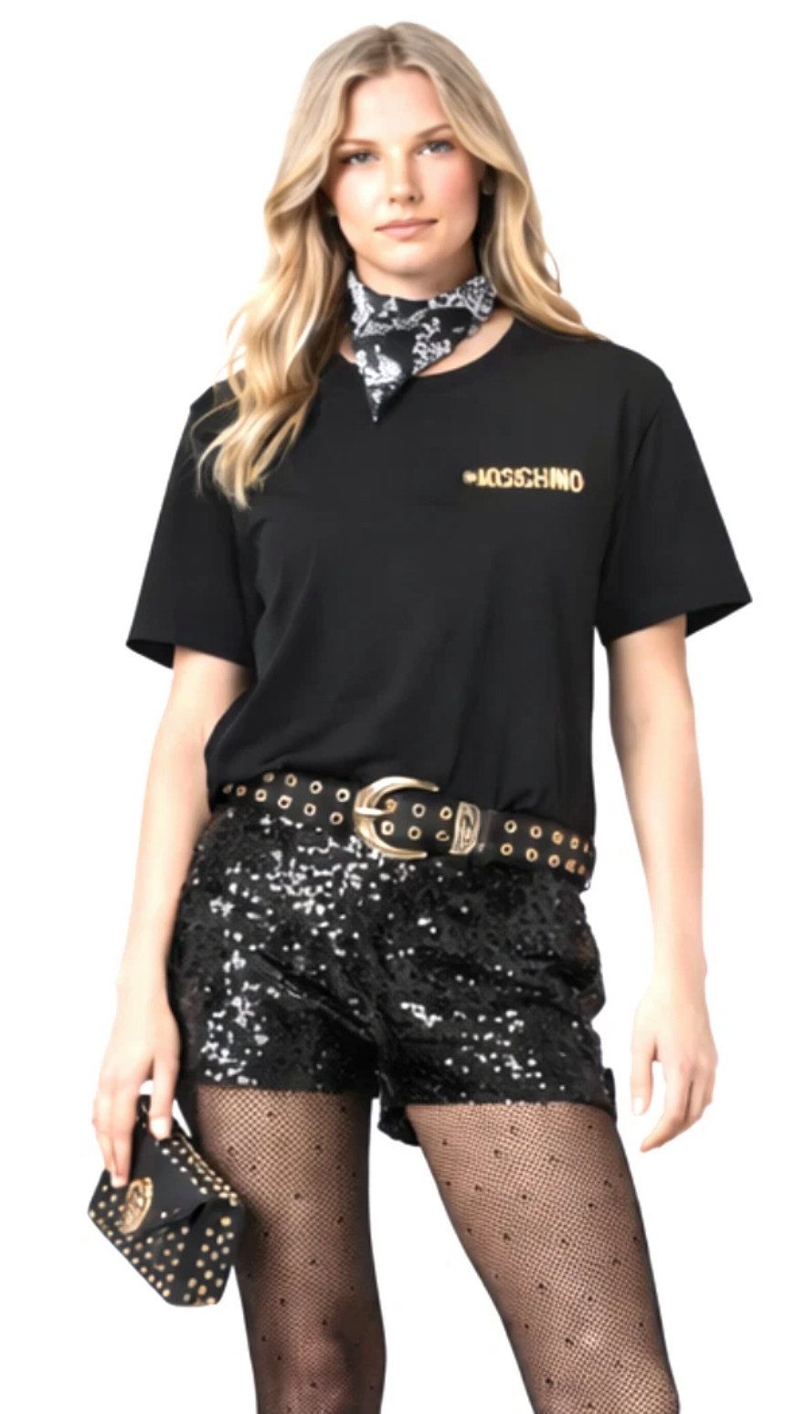 Moschino T-Shirt COUTURE Damen Metal Gold Logo Regular Fit Goldene Metall-Logo-Applikation auf der Brust