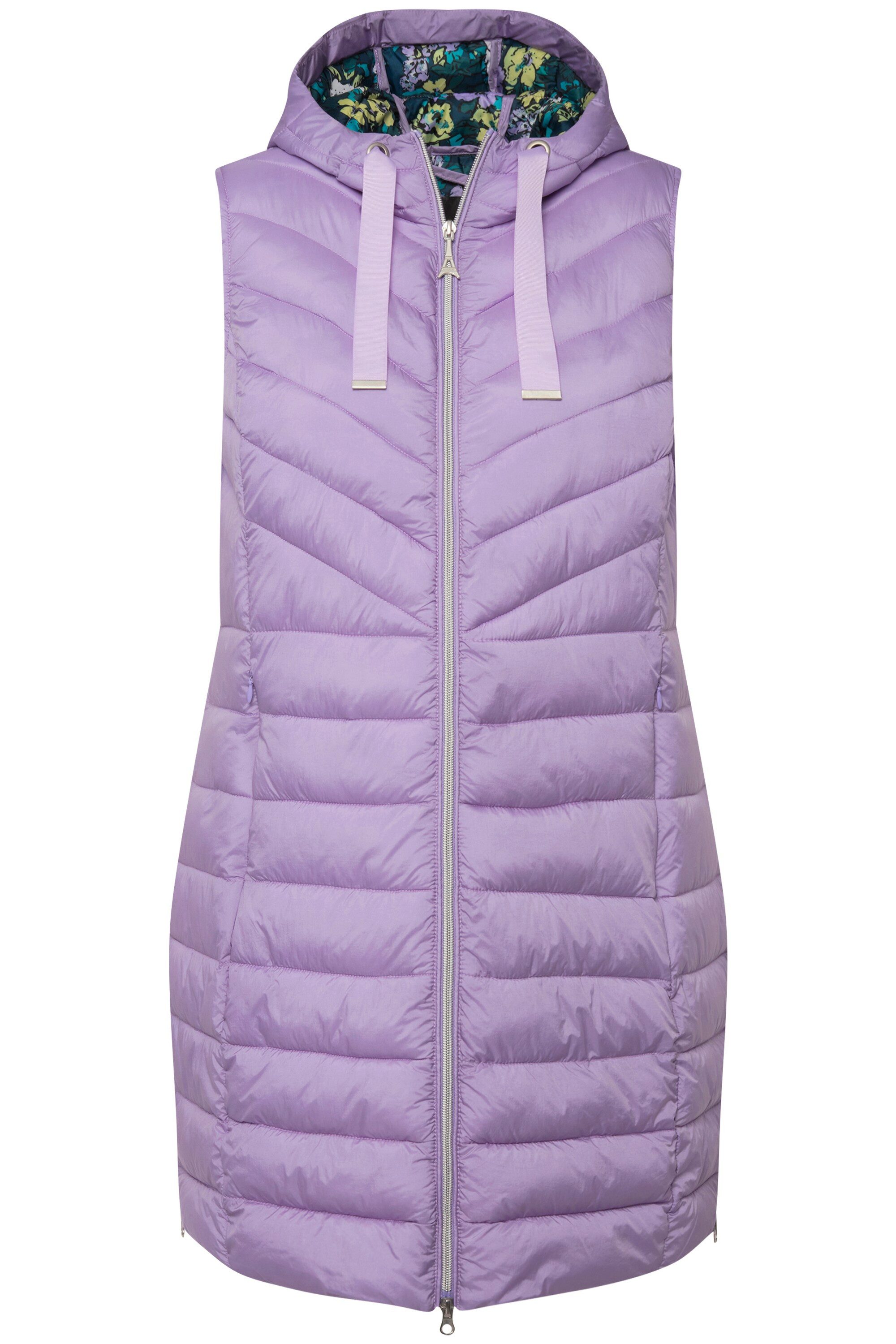 Ulla Popken Steppweste Long-Steppweste Kapuze Seiten-Zipper Stehkragen