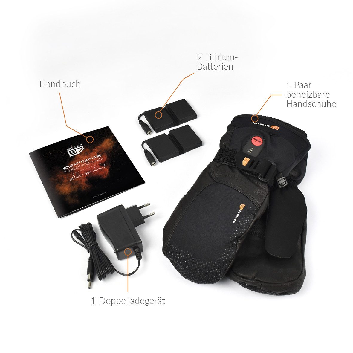 30seven Fäustlinge beheizte Fäustlinge, extra warm - schwarz 7,4V Set inkl. 2 Akkus & Doppelladegerät
