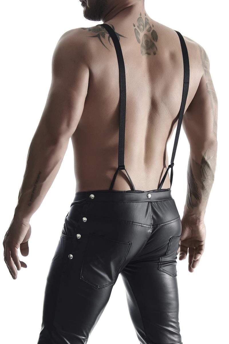 Regnes Fetish Planet Lederimitathose Herren Bermuda Shorts wetlook schwarz fetisch Männer Latzhose mit Hose
