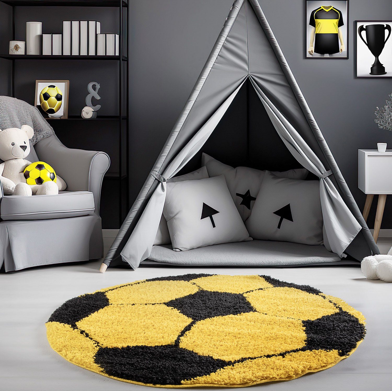 Kinderteppich Fußball-Design, Carpetsale24, Rund, Höhe: 30 mm, Kinder Teppich Fußball-Form Kinderzimmer versch.farben und größen Gelb