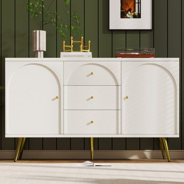 Fangqi Kommode Weiß Türkommoden mit 2 Türen und 3 Schubladen, Verstellbare Ablage, für Wohnzimmer Schlafzimmer, Creme-Weiß-H84/B140/T40 cm
