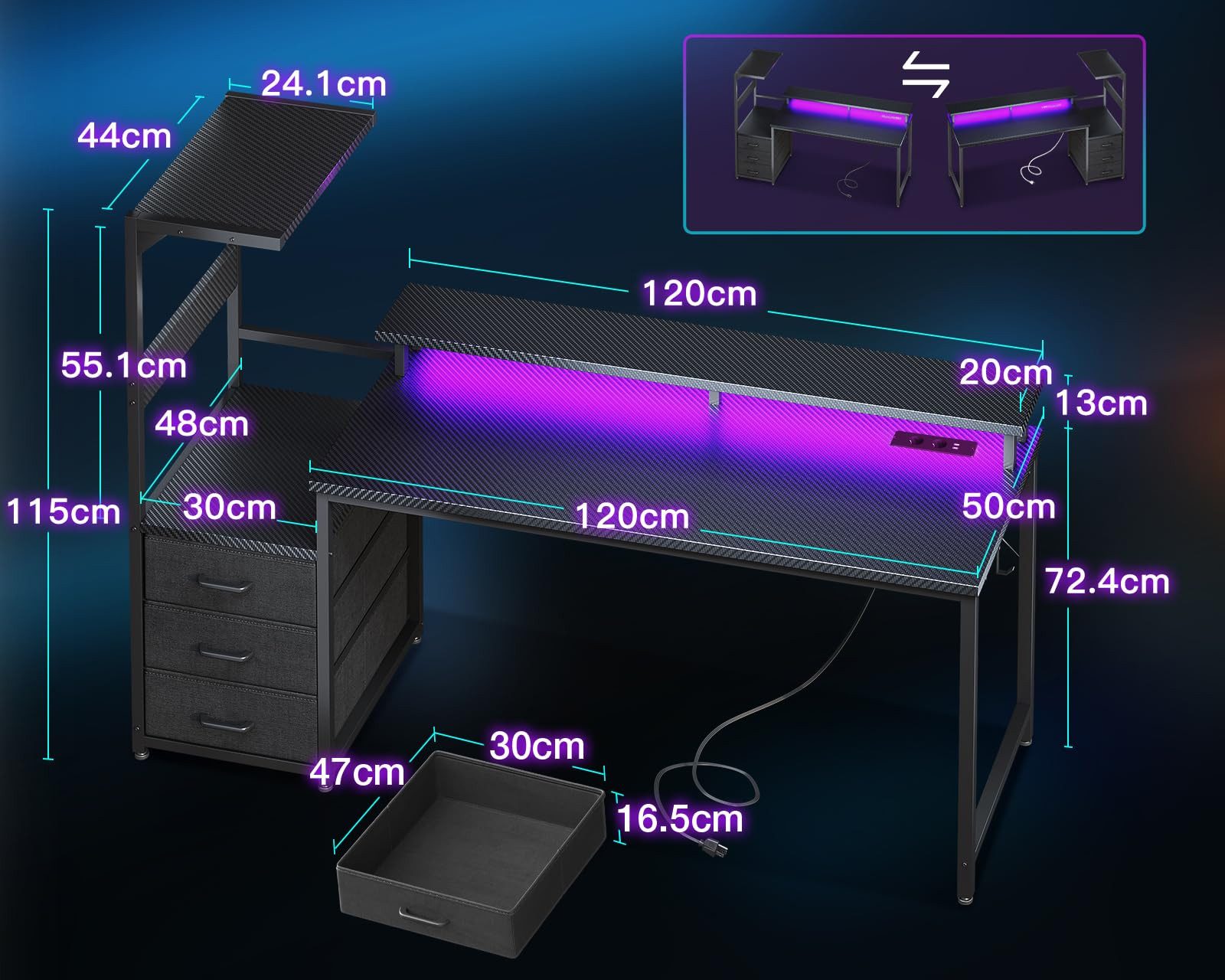 ODK Gamingtisch mit LED-Beleuchtung & Steckdosen, 151cm Carbonfaser-Schwarz (1-St), Computertisch mit 3 Schubladen, Monitorständer & USB-Anschlüssen