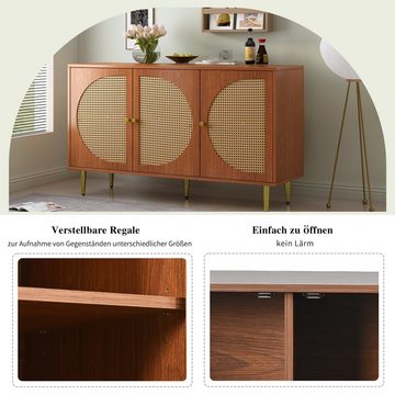 EXTSUD Sideboard Sideboard mit 3 Rattan verzierten Türen, Kommode Highboard, Rattan-Webung, vielfältiger Stauraum, langlebig, verstellbare Regale