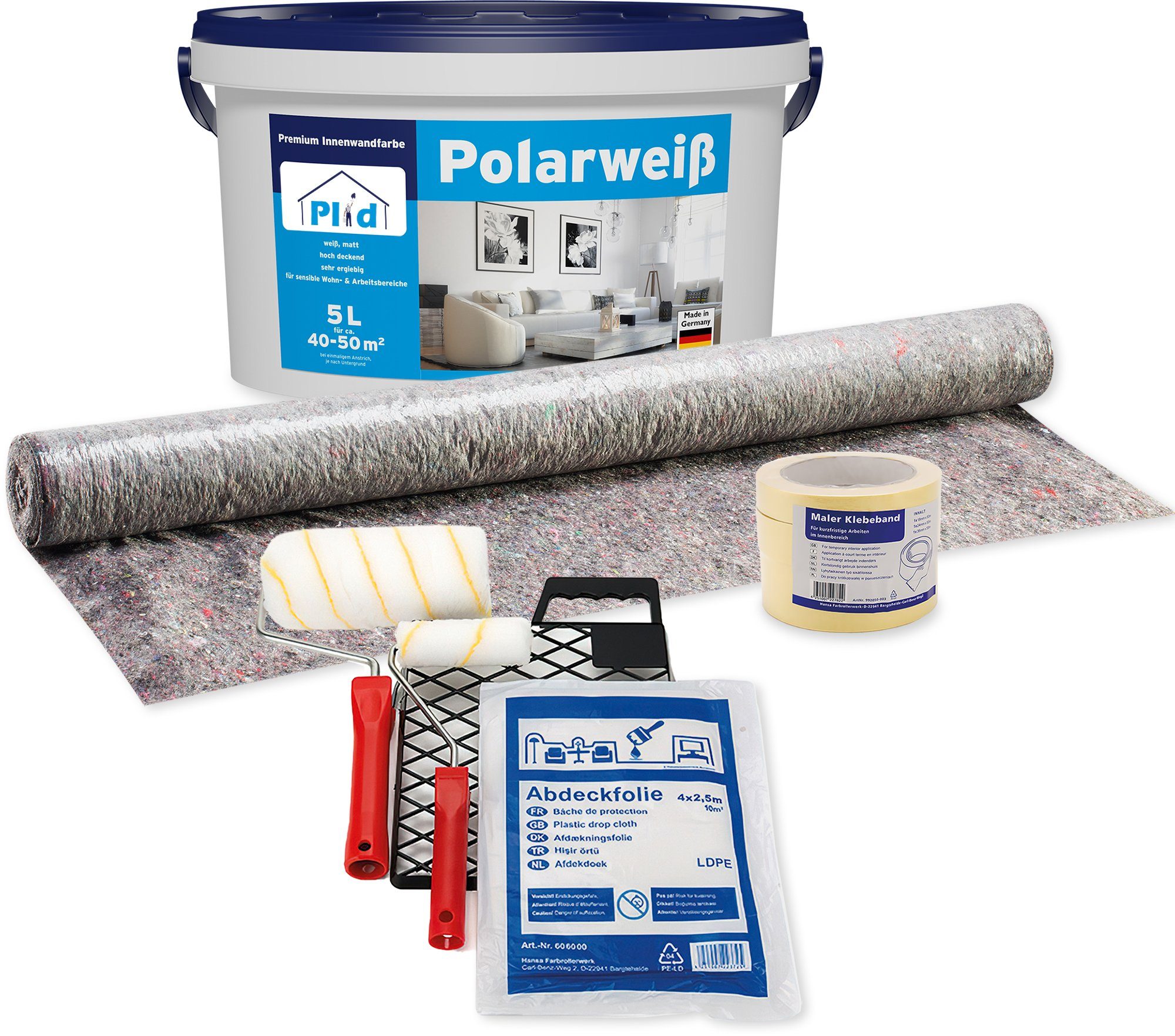 plid Wand- und Deckenfarbe Premium Polarweiss Innenfarbe Wandfarbe  Deckenfarbe Profi Farbe Set, Schnelltrocknend, spritzarm,  verarbeitungsfertig