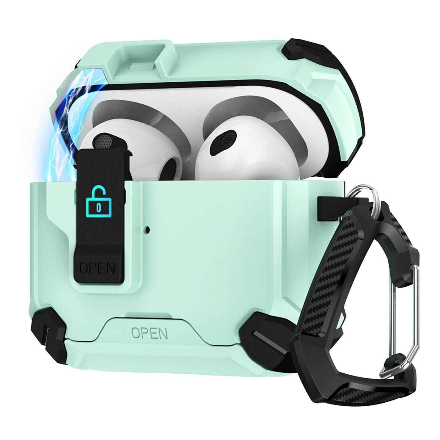 CoolGadget Kopfhörer-Schutzhülle Defender Hülle für Apple AirPods 4 magnetisch mit Karabiner, 360° Full-Body Case Schutzhülle Handy Standfunktion magnetisch ladbar