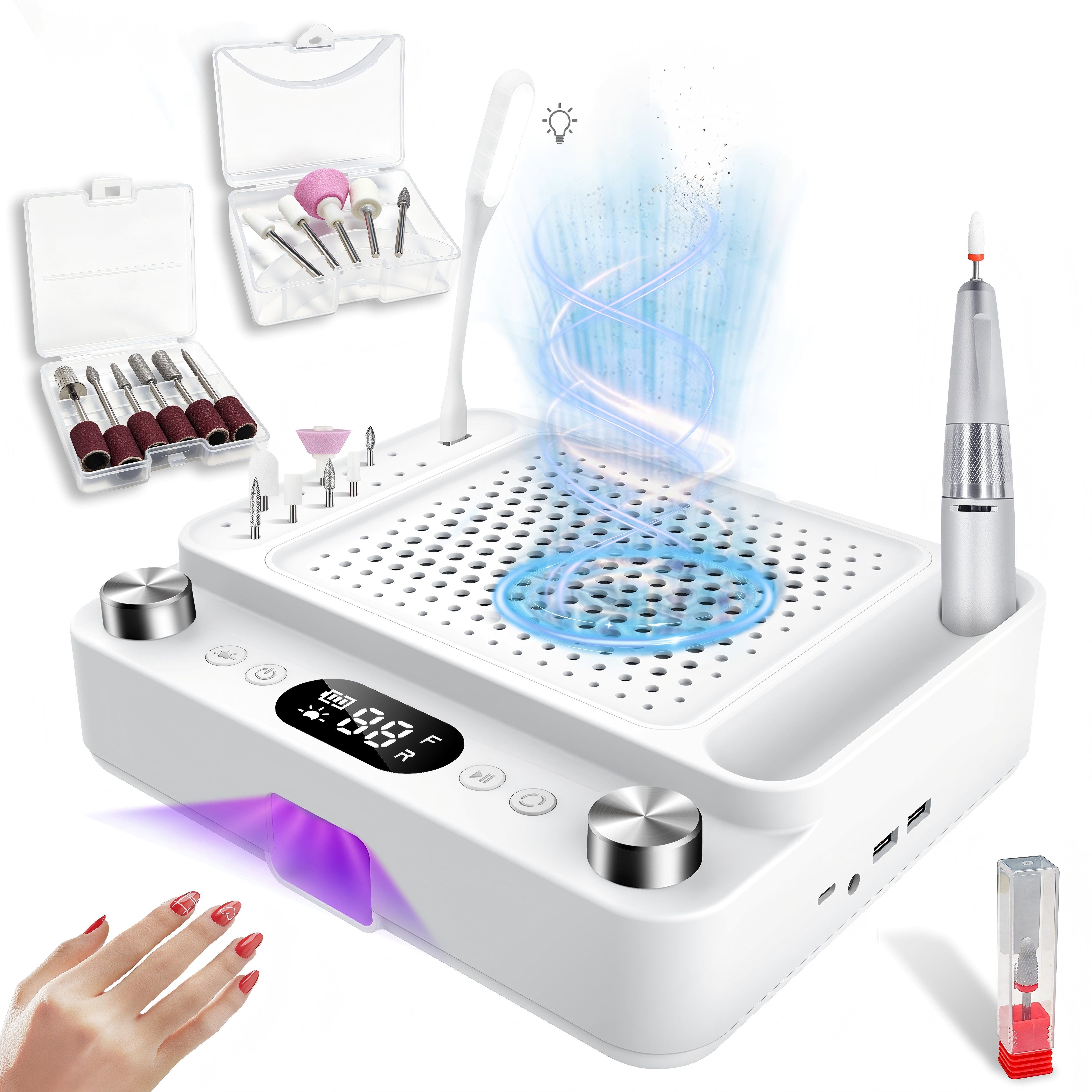 SWGOTA Maniküre-Pediküre-Set 3-in-1 Maniküregerät mit Nagelfräser, Staubabsaugung und UV/LED-Lampe, Maniküregerät für Nagelstudio und Zuhause, 80W Absaugung, Waschbarer Filter,