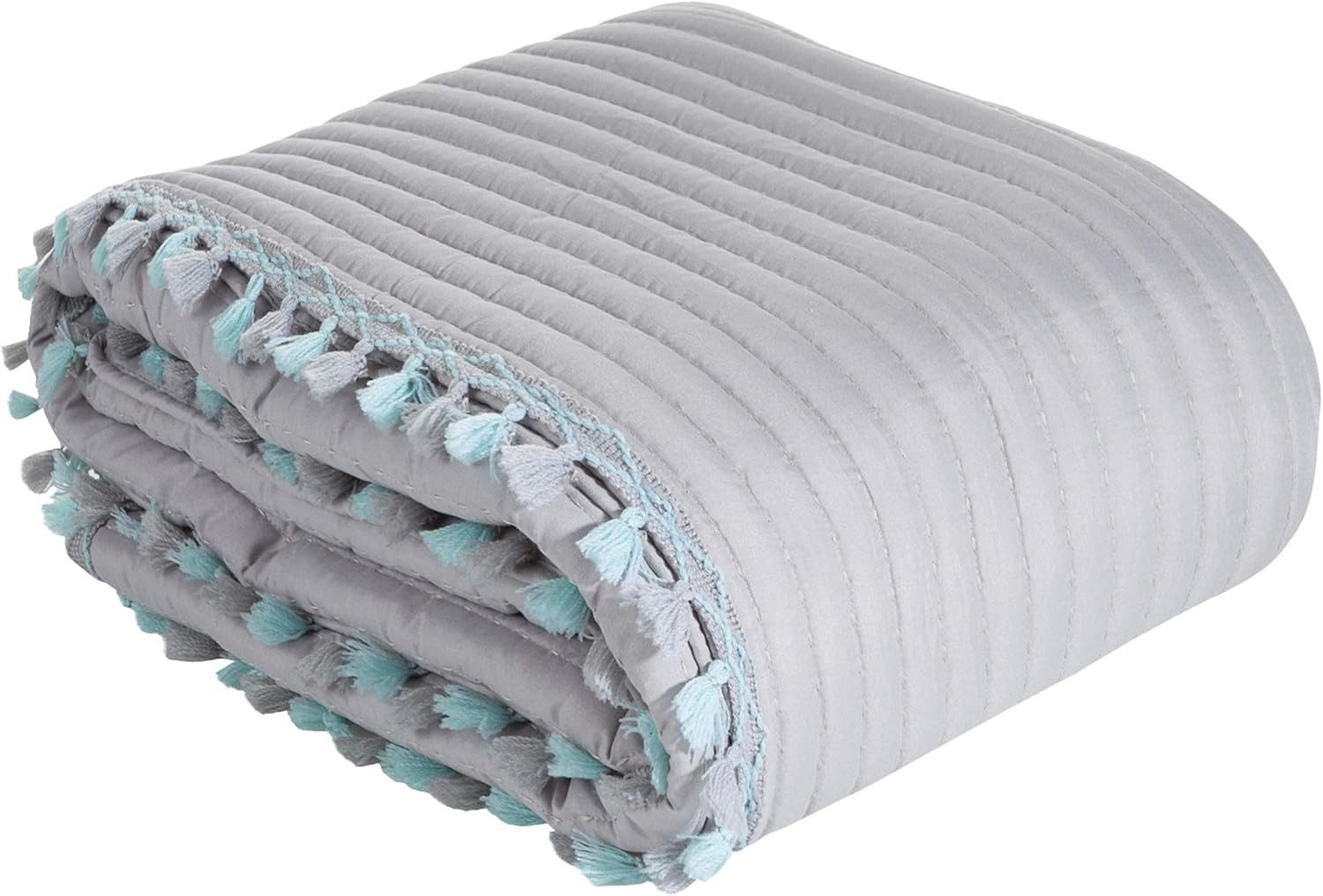 Eurofirany Tagesdecke Boho mit Fransen Hellgraue Decke 220x240 cm, Bettüberwurf Streifenmuster Steppung