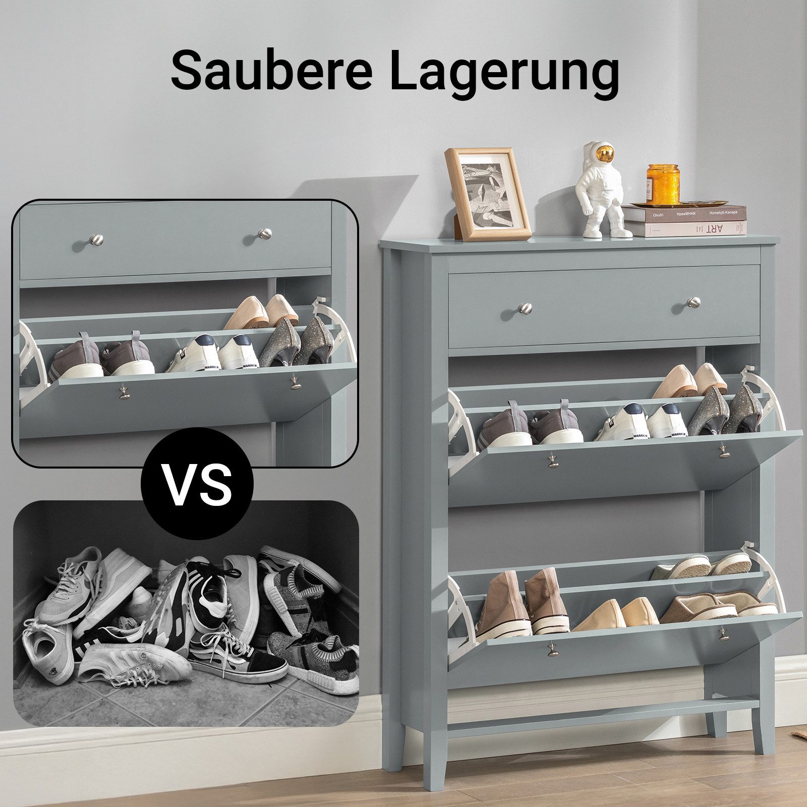 SoBuy Schuhschrank FSR89, Schuhkipper schmal, Kommode für 12-14 Paar Schuhe, Flur mit 2 Klappen Schuhregal mit Schublade Schuhkommode Schuhablage