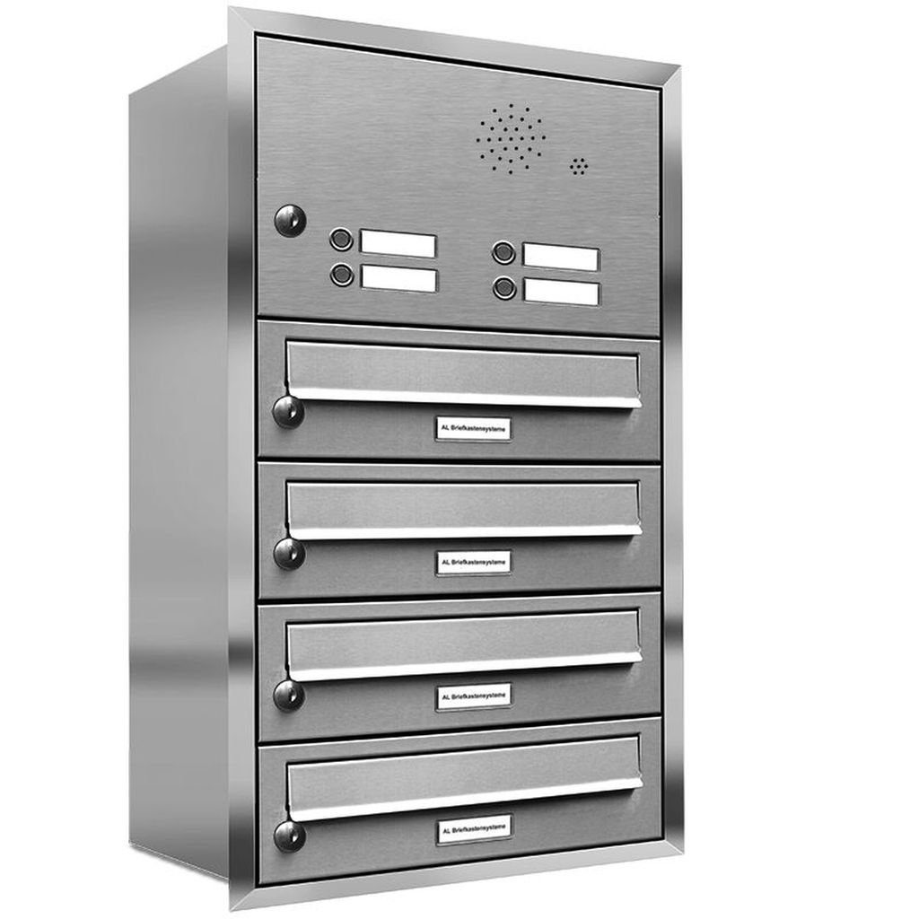 AL Briefkastensysteme Wandbriefkasten 4er Premium Unterputz Briefkasten mit  Klingel 4 Fach V2A A4