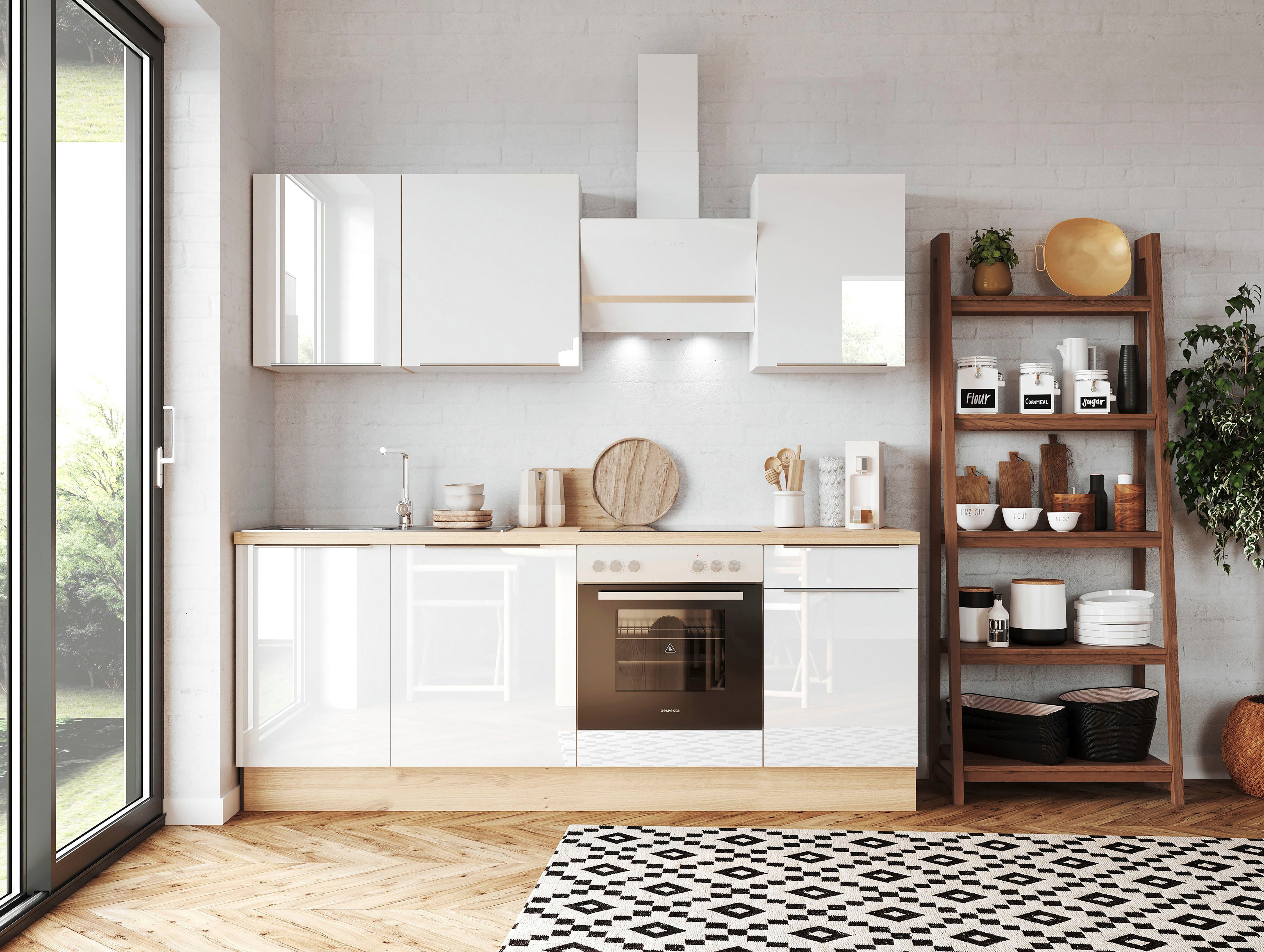 Hochglanz / Ausstattung wie Küchenzeile Serie hochwertige Weiß Weiß aus Close Funktion Soft Marleen, 220 Breite Weiß cm, Hochglanz der RESPEKTA | Safado