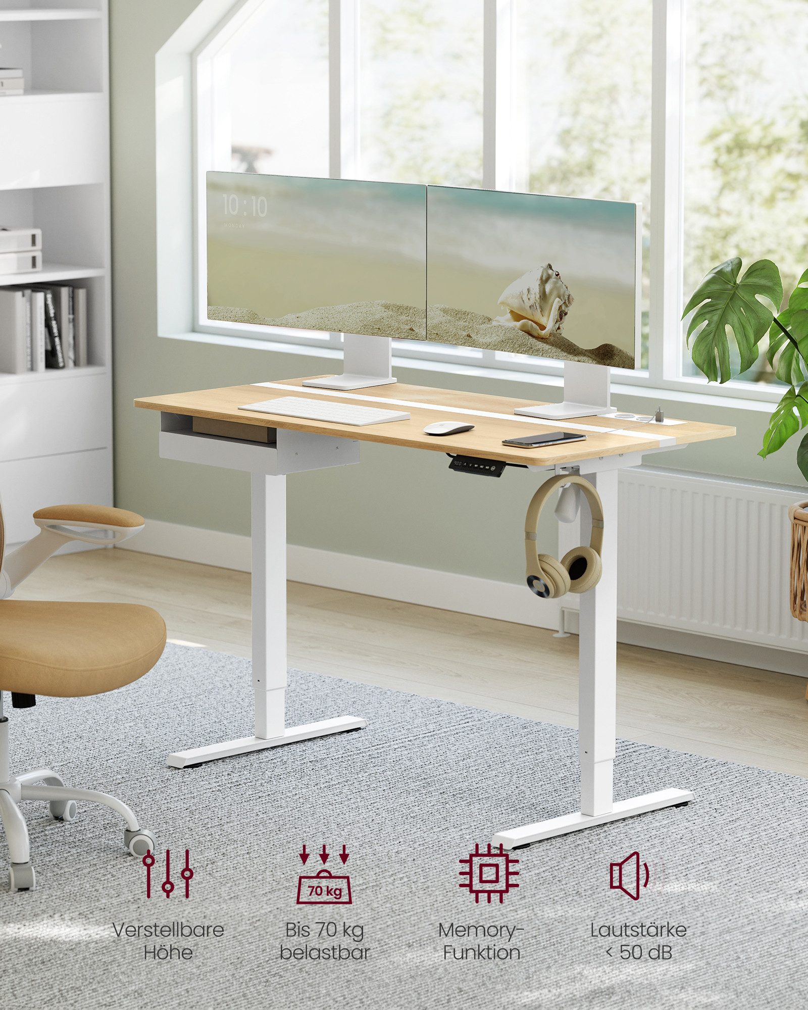 VASAGLE Schreibtisch höhenverstellbar, elektrisch, mit Steckdosen und Stoffschublade, Memory-Funktion mit 4 Höhen