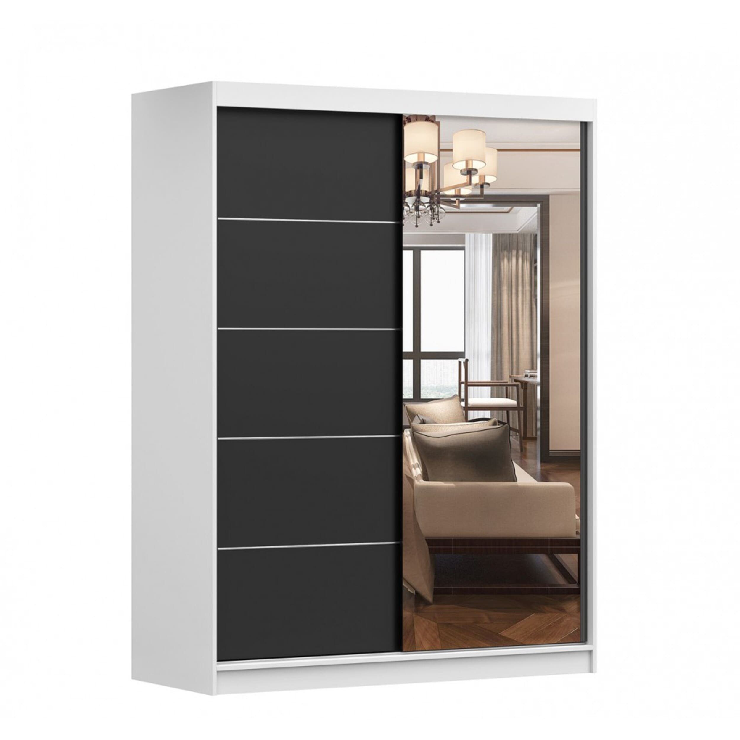 MOEBLO Kleiderschrank LARA 05 (mit Spiegel Schwebetürenschrank 2-türig Schrank mit vielen Einlegeböden und Kleiderstange, Gaderobe Schiebtüren Schlafzimmer-Wohnzimmerschrank Modern Design), (BxHxT): 150x200x61 cm Schwarz | Weiß