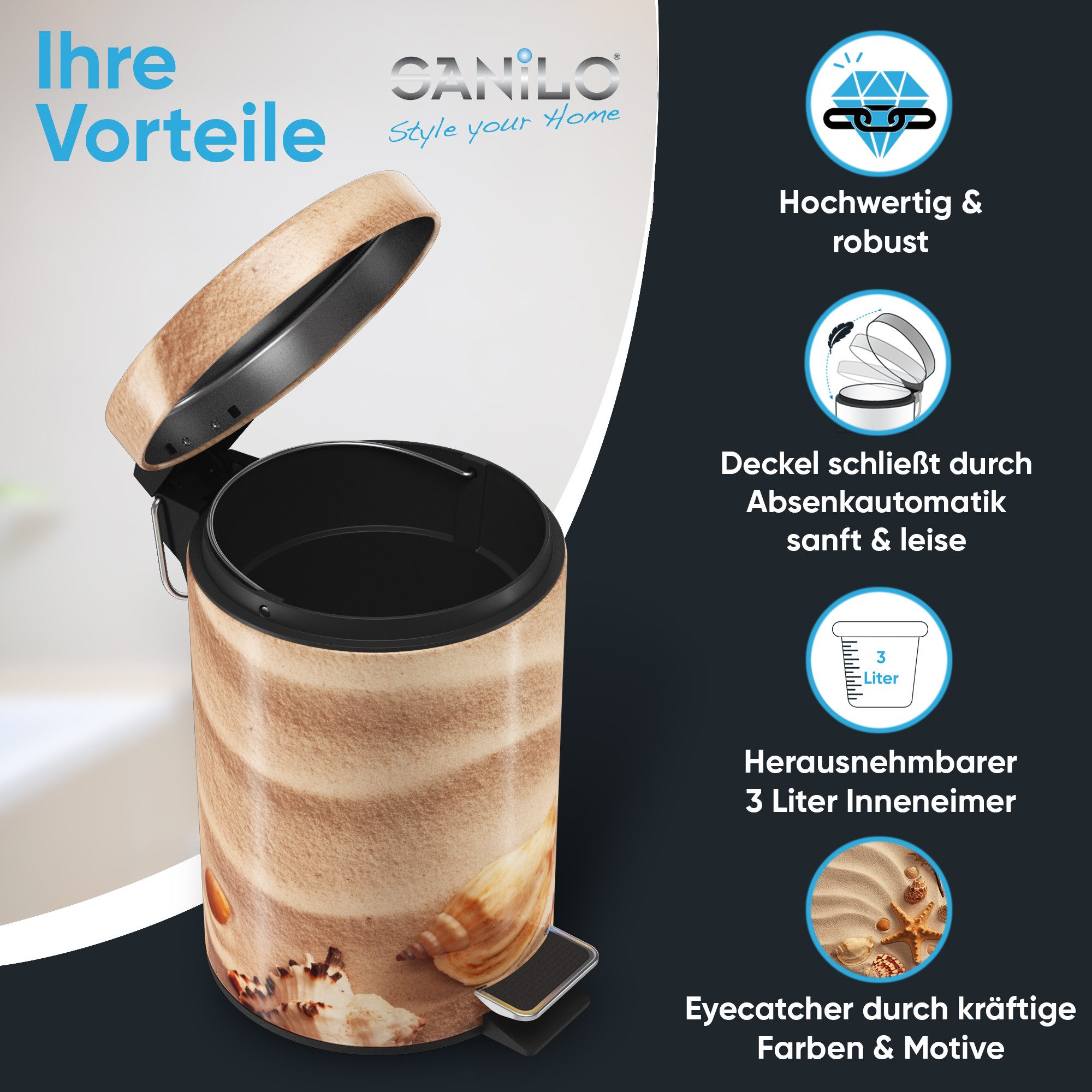 Sanilo Kosmetikeimer mit Motiv, viele schöne Bad Mülleimer zur Auswahl, 3 Liter, Abfalleimer mit Absenkautomatik & Innenbehälter