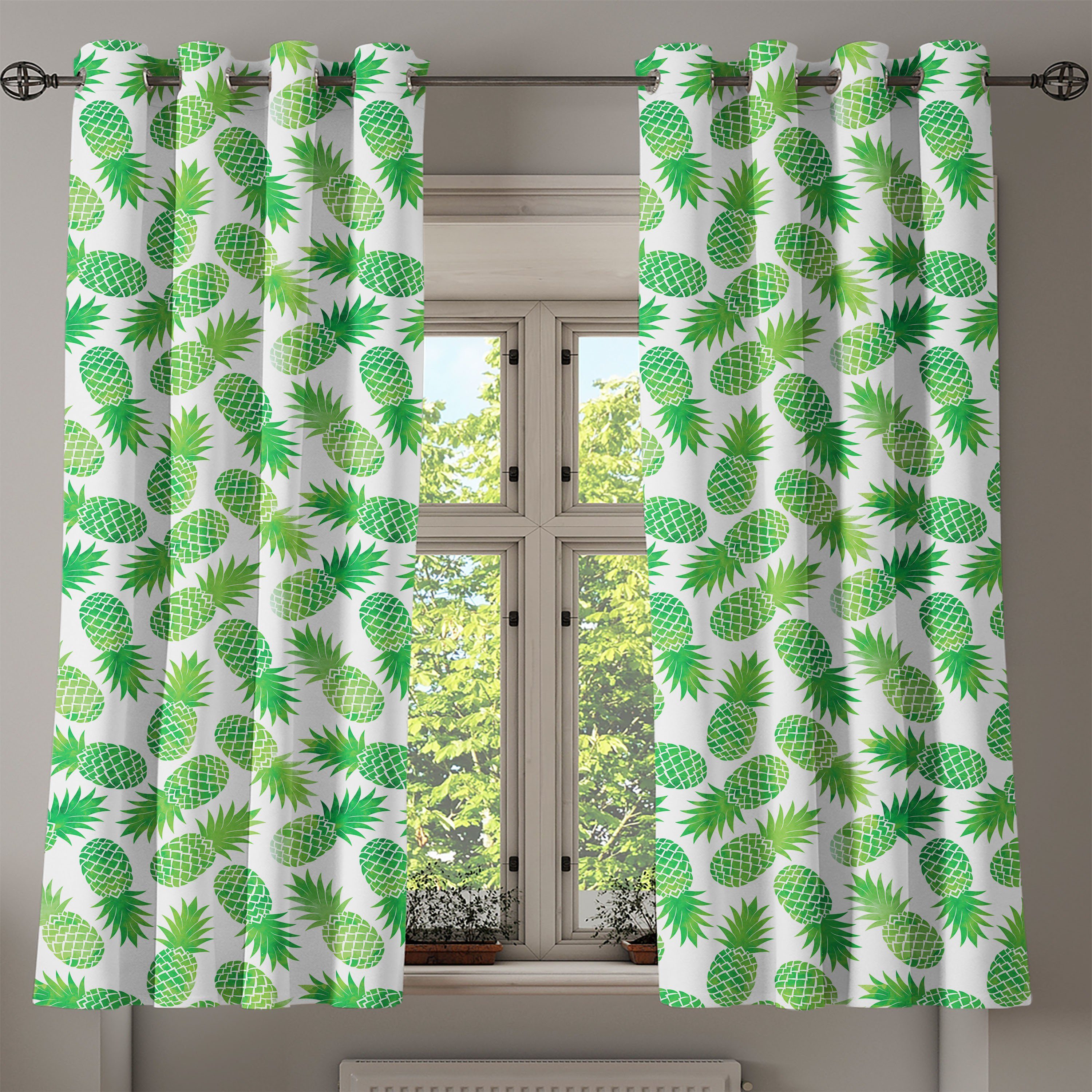 2-Panel-Fenstervorhänge Grün Exotische Dekorative für Schlafzimmer Wohnzimmer, Abakuhaus, Ananas-Muster Gardine