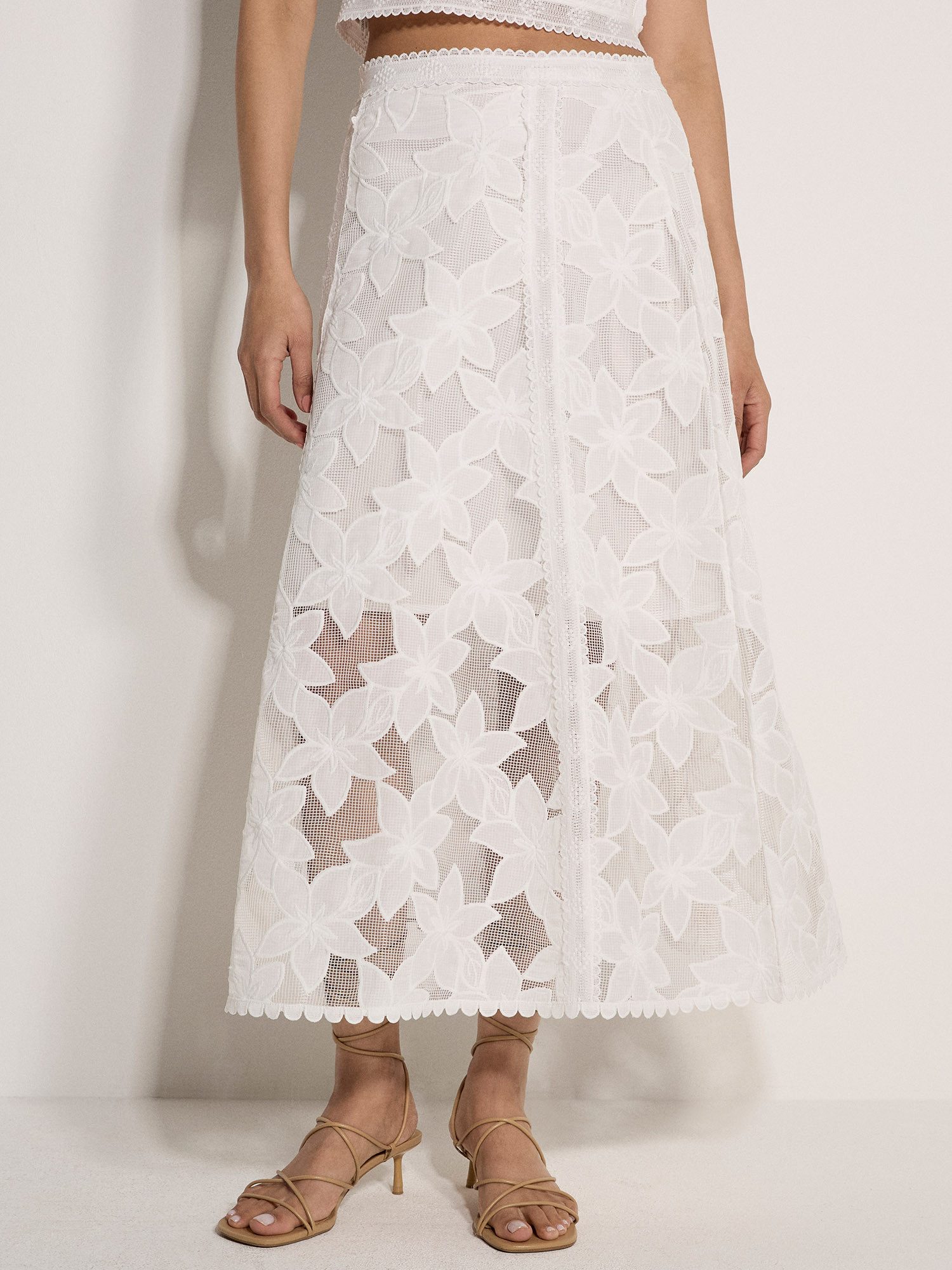 Apricot A-Linien-Rock Midi-Rock aus floraler Mesh-Spitze Blumen-Spitze