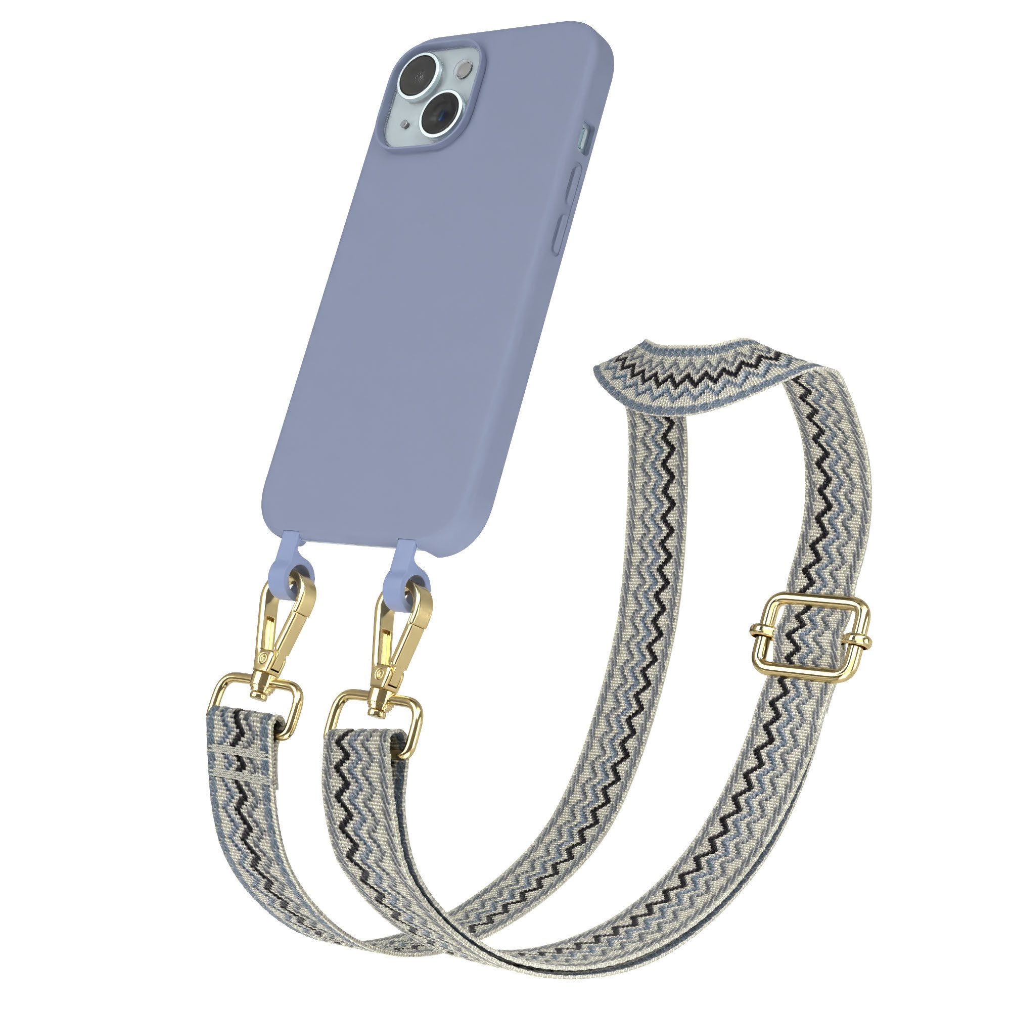 EAZY CASE Handykette 2in1 TPU Hülle mit Band für Apple iPhone 15 6,1 Zoll, Handykette abnehmbar Silikonhülle 2in1 Wave Handyband Etui Case Blau