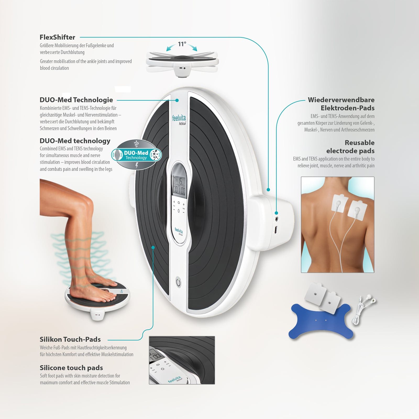Genius Fußmassagegerät Feelvita Acticur Set 15-tlg. EMS & TENS Gerät, Verbesserung Der Durchblutung
