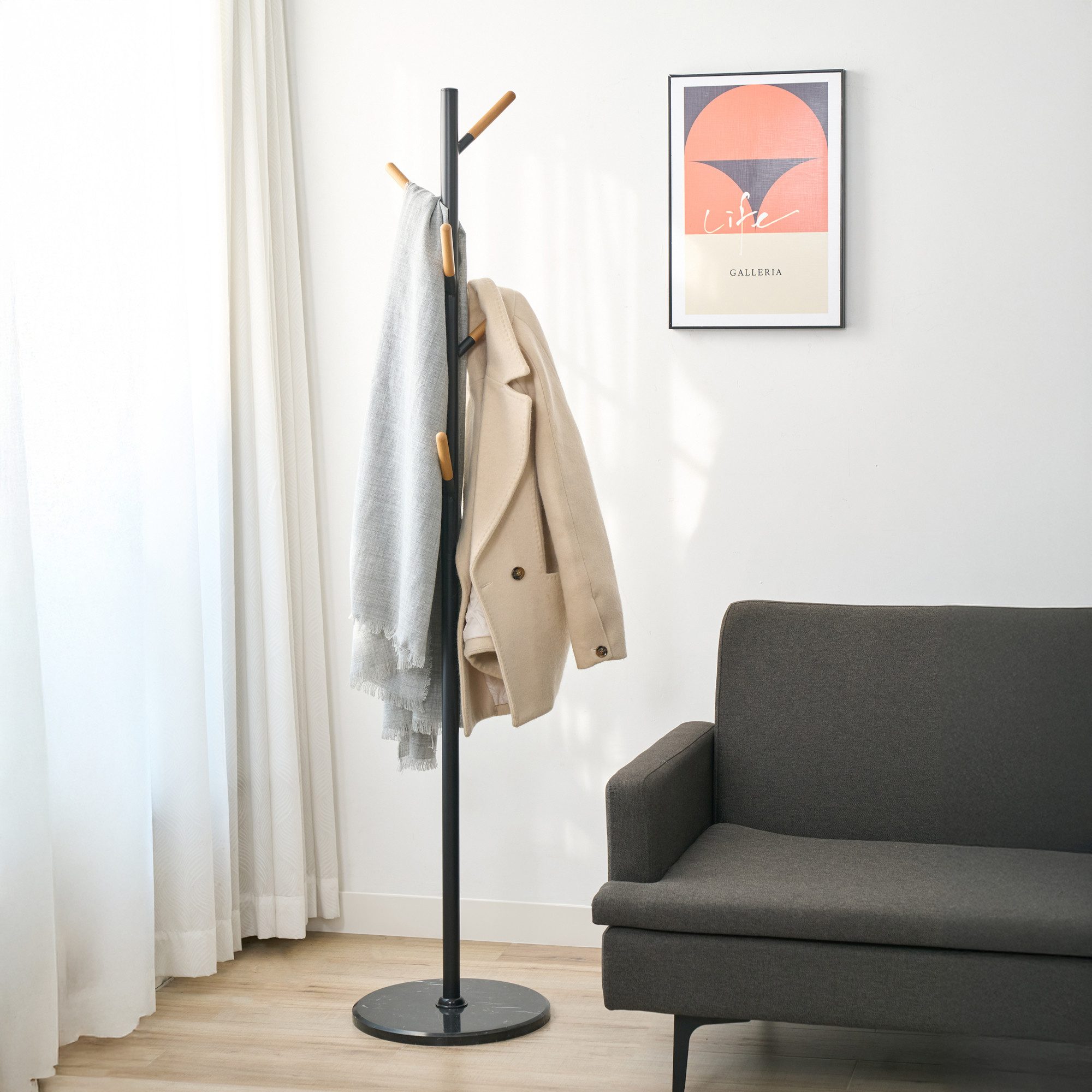 en.casa Garderobenständer, Garderobenständer 'Nacka' 172x37 cm Schwarz + Holzoptik