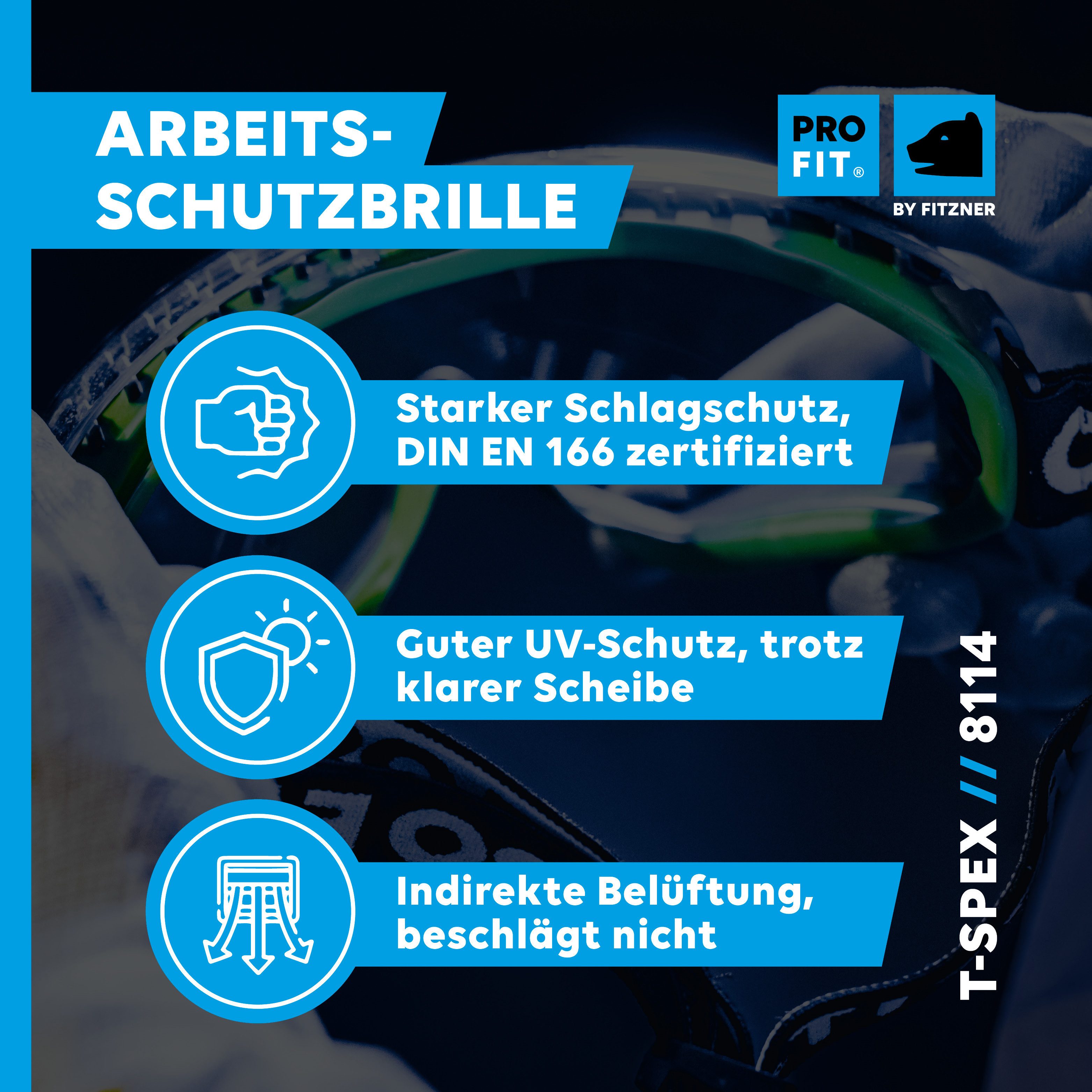 PRO FIT Arbeitsschutzbrille T-Spex, klare Vollsichtbrille, Beschlagfreie Panoramaschutzbrille, (1, Stück), für Brillenträger, mit UV-Schutz & Ventilation