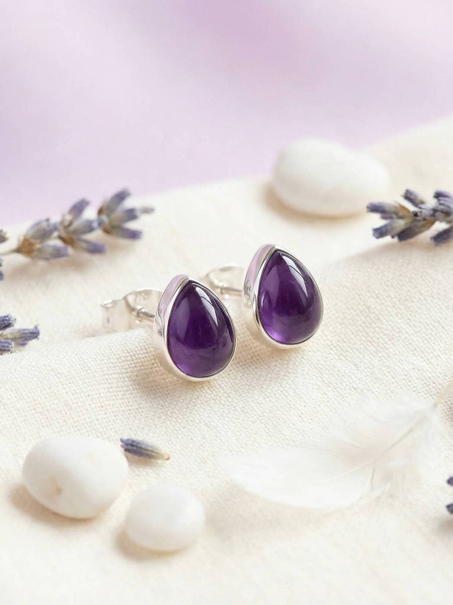mantraroma Paar Ohrstecker SAMA Tropfen aus 925 Silber mit Amethyst (Paar, Paar Ohrringe mit Schmuckbeutel), 925 Sterling Silber Ohrringe für Damen