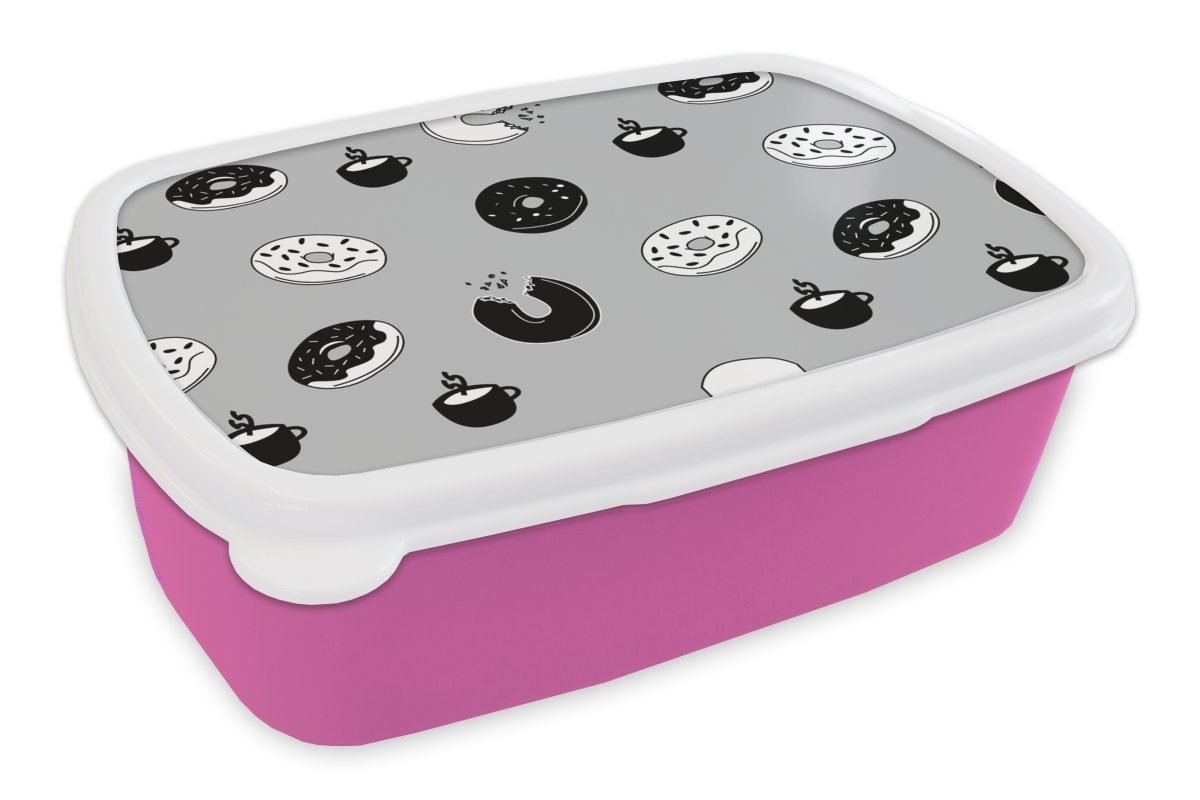 Brotbox Donut Kinder, Erwachsene, Weiß, Brotdose Mädchen, Lunchbox - MuchoWow und für - Snackbox, Schwarz Muster Kunststoff Kunststoff, - Kaffee (2-tlg), rosa