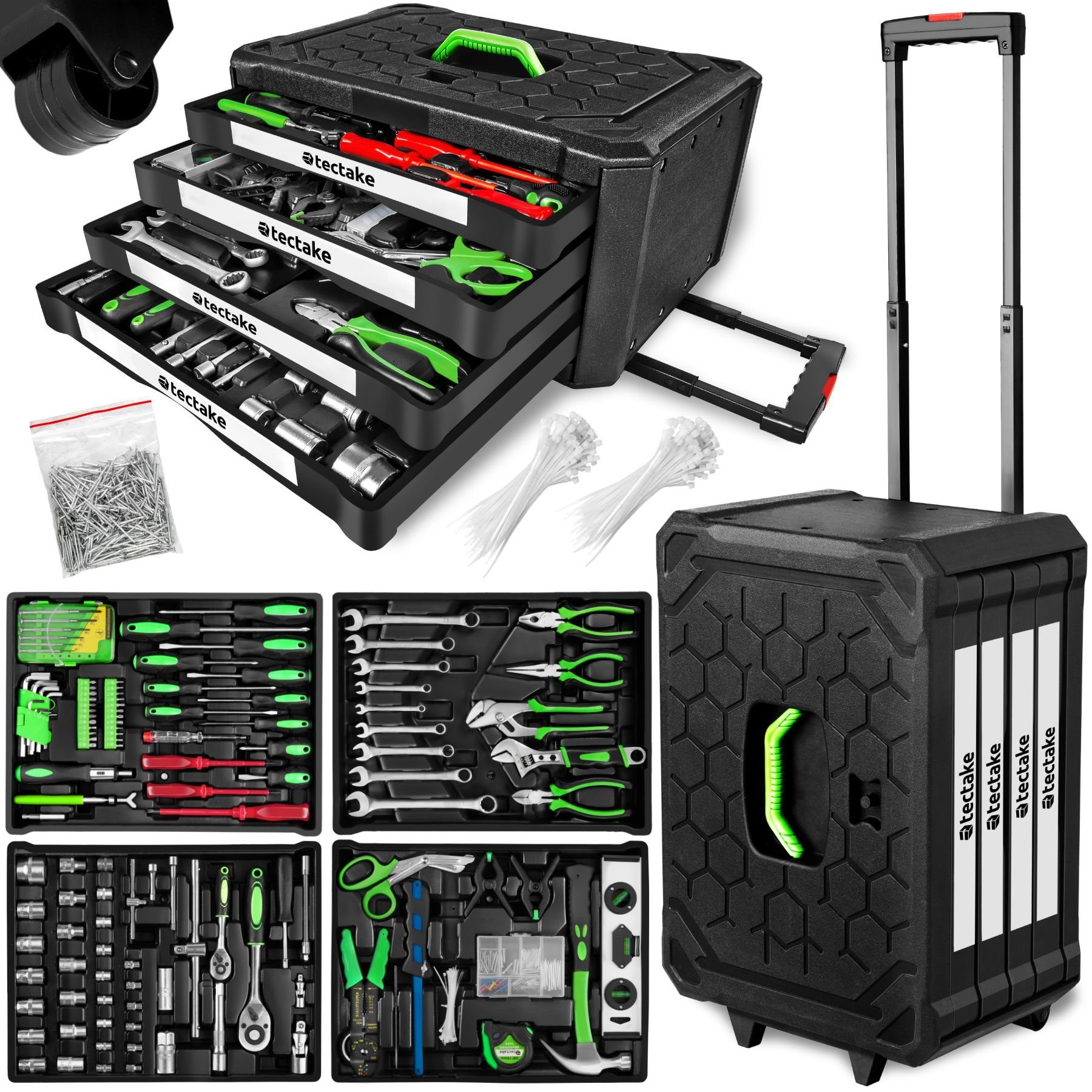 tectake Werkzeugtrolley Werkzeugkoffer, Werkzeugkasten mit Tragegriff und Teleskopgriff (Komplettset, 899-teilig), 899-teilig