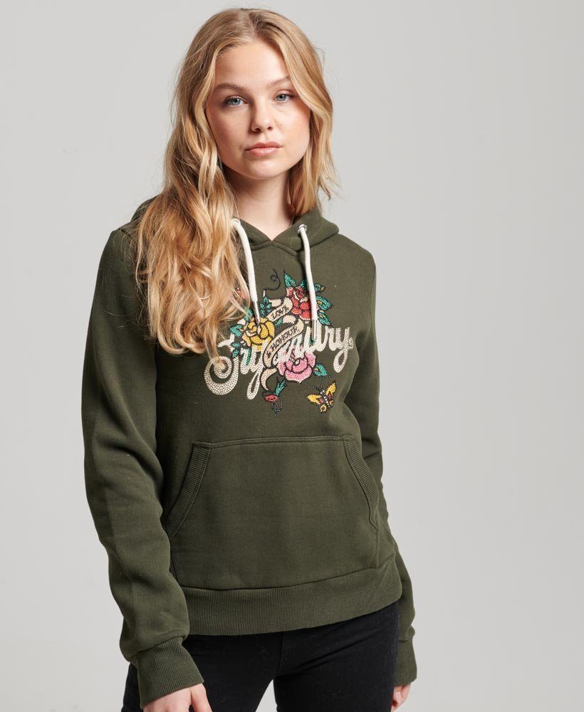 Superdry Sweater TATTOO SCRIPT GRAPHIC HOODIE Surplus Goods Olive Green