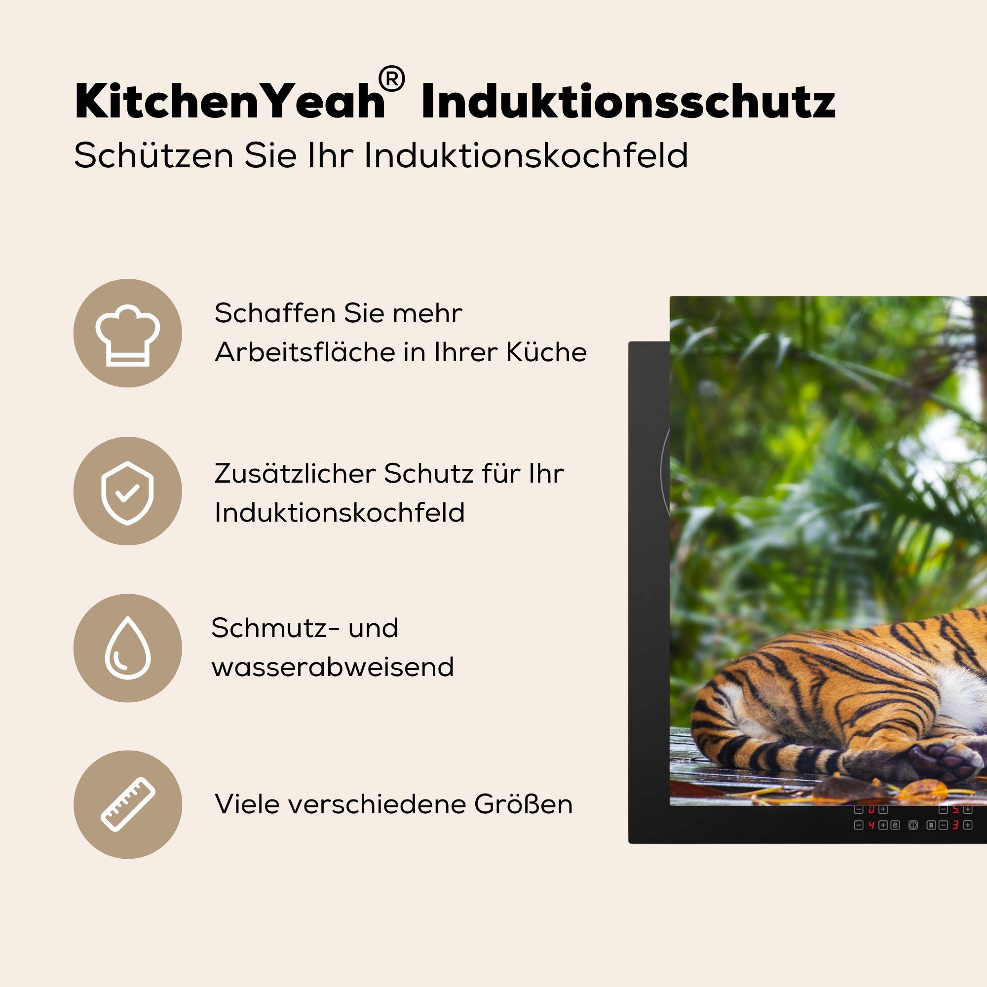 Herdblende-/Abdeckplatte Ceranfeldabdeckung, küche - tlg), für Tiger Arbeitsplatte Tiere MuchoWow - Vinyl, cm, - (1 81x52 Wald Dschungel,