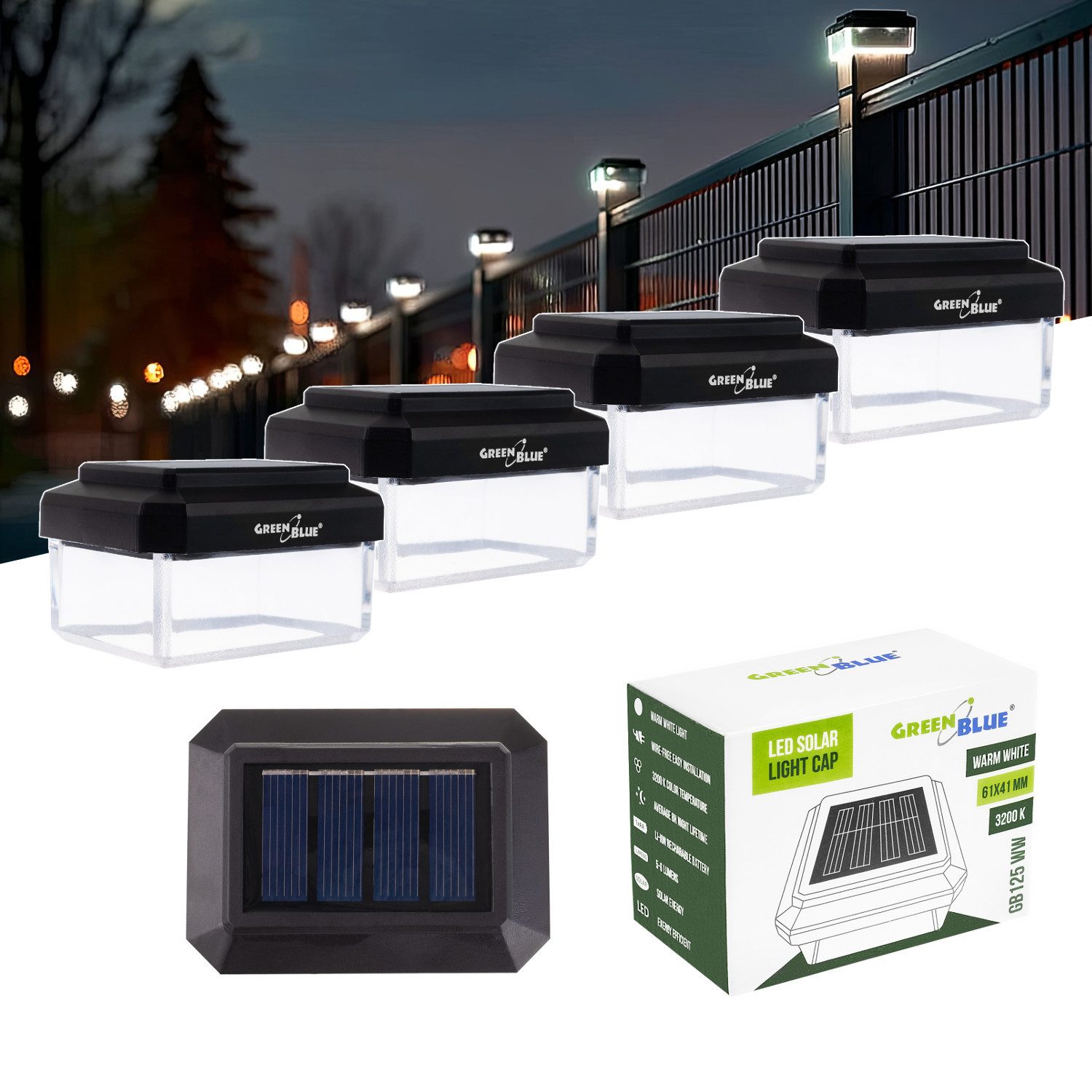 GreenBlue LED Solarleuchte GB125/GB127/GB128 Aufsatz Solarlampe für Pfosten, LED fest integriert, Warmweiß, Lichtquelle im Garten Wegbeleuchtung