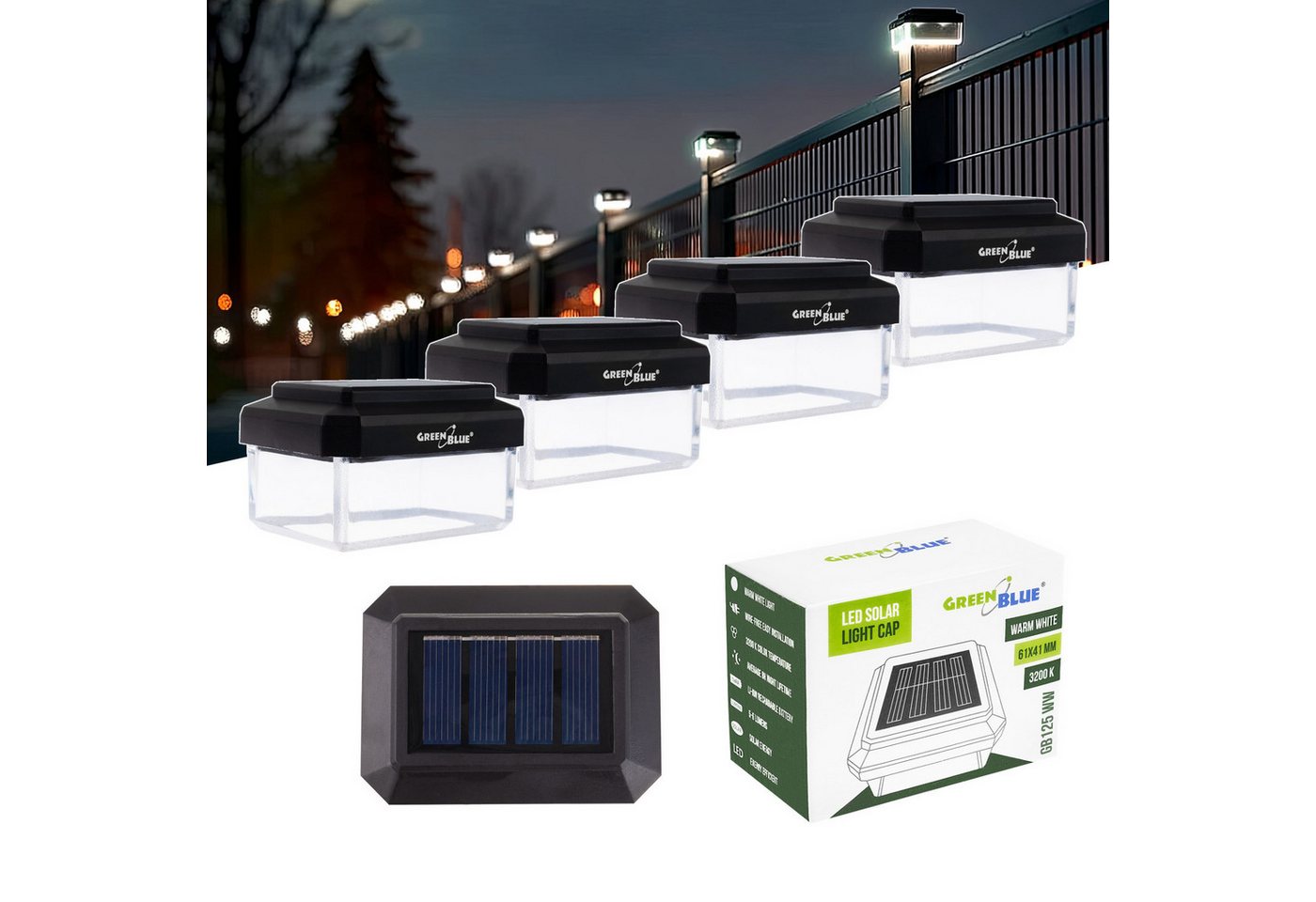 GreenBlue LED Solarleuchte GB125/GB127/GB128 Aufsatz Solarlampe für Pfosten, LED fest integriert, Warmweiß, Lichtquelle im Garten Wegbeleuchtung