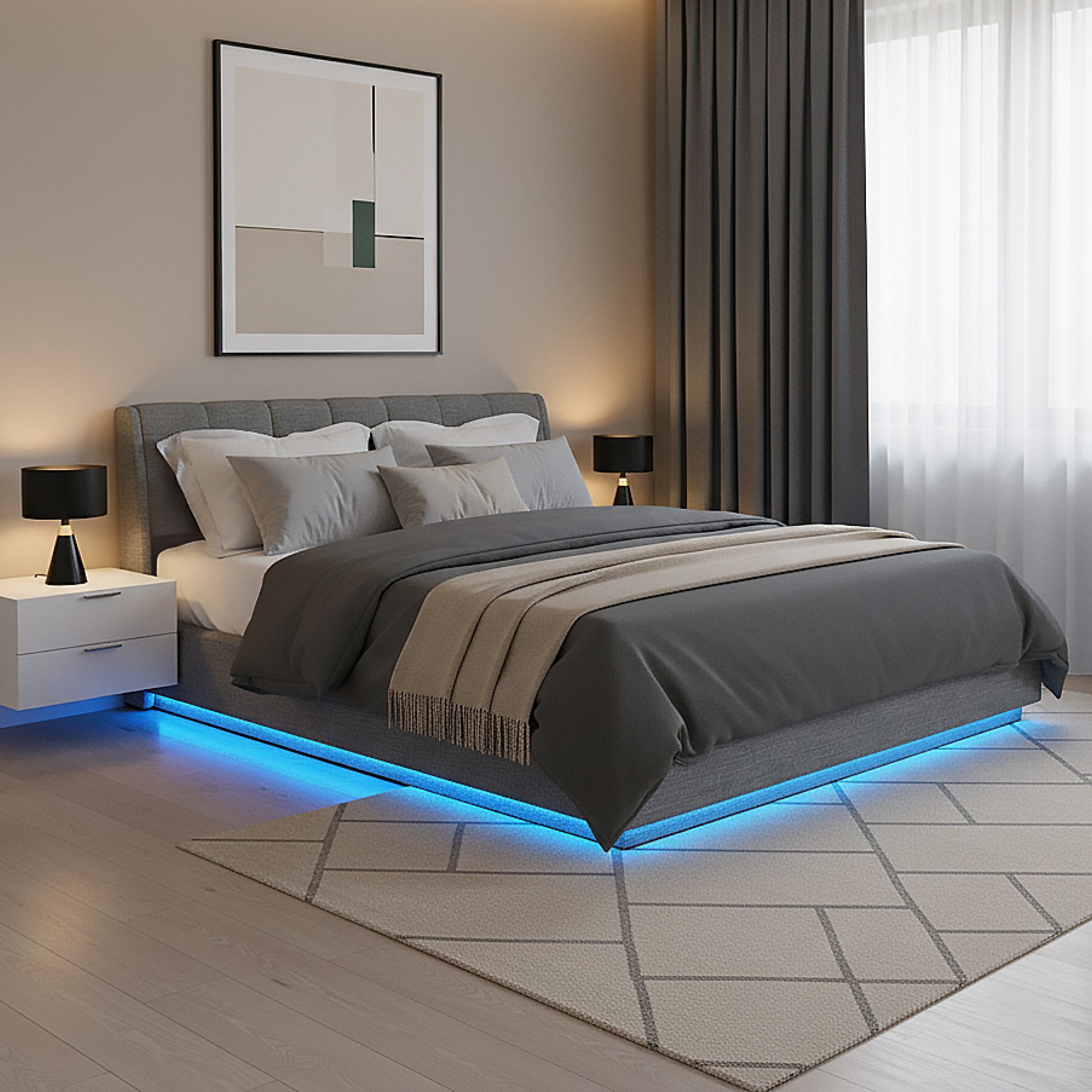 en.casa Polsterbett, »Tröstiar« mit LED-Beleuchtung Leinen 180 x 200 cm Anthrazit