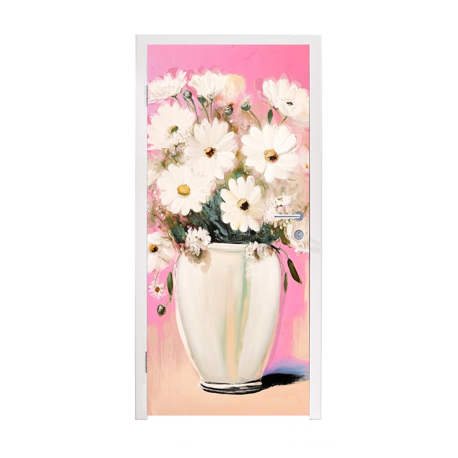 MuchoWow Türtapete Blumen - Vase - Pflanzen - Weiß, Matt, bedruckt, (1 St), Fototapete für Tür, Türaufkleber, 75x205 cm