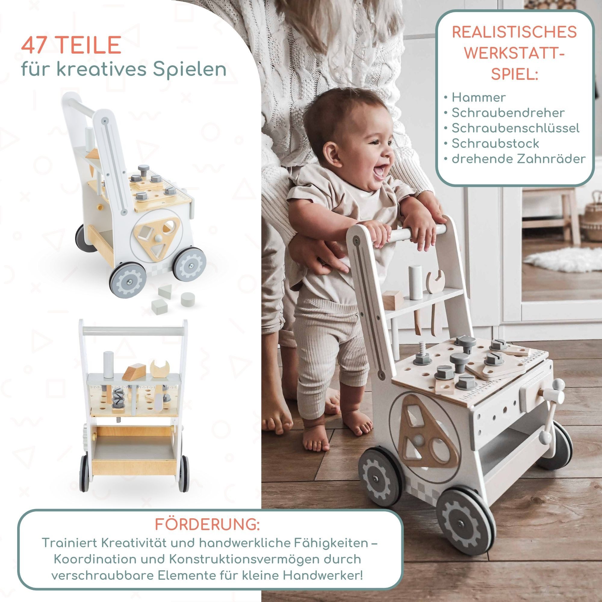Mamabrum Lauflernwagen 3-in-1-Walker aus Holz, Holzspielzeug für motorische Entwicklung