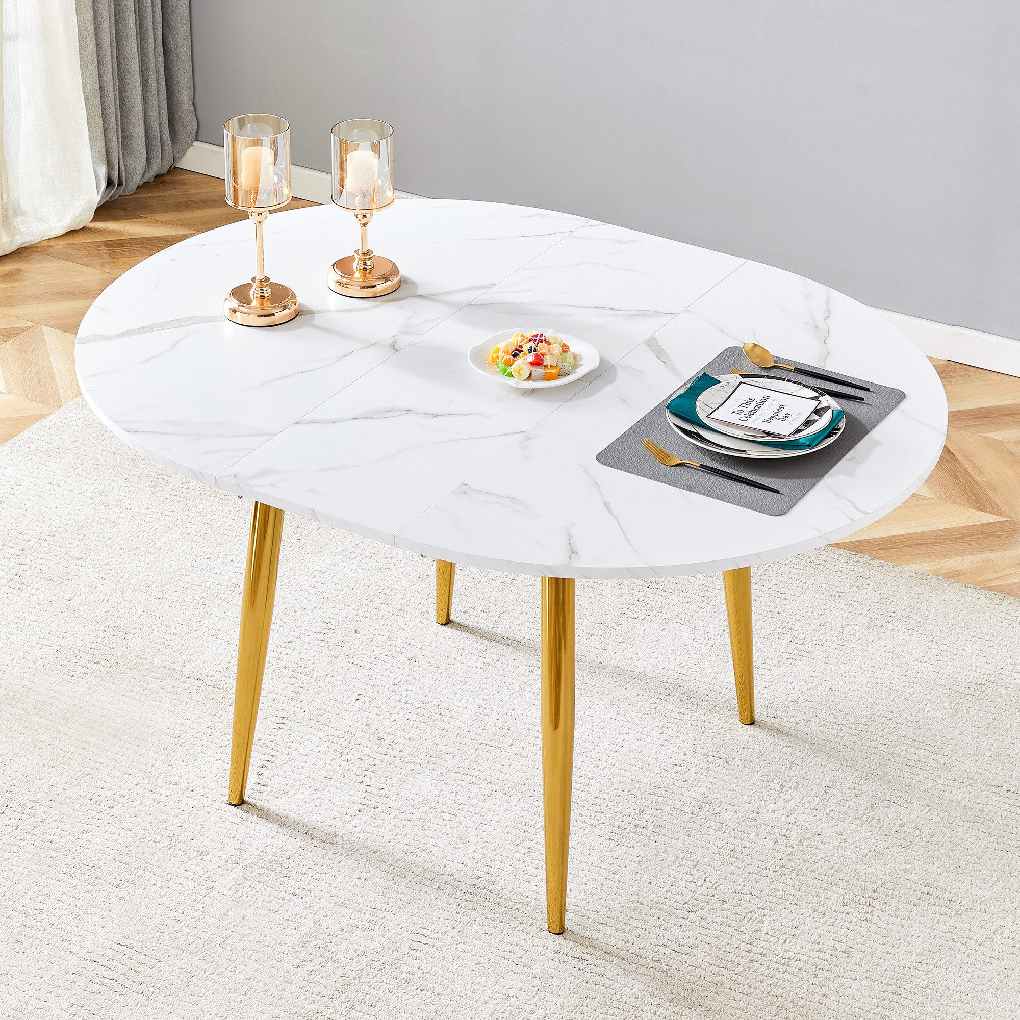 JUFU Esstisch MDF mit Holz-/Marmoroptik, Runder, ausziehbarer Ø107–137 cm (1-St), ausziehbarer