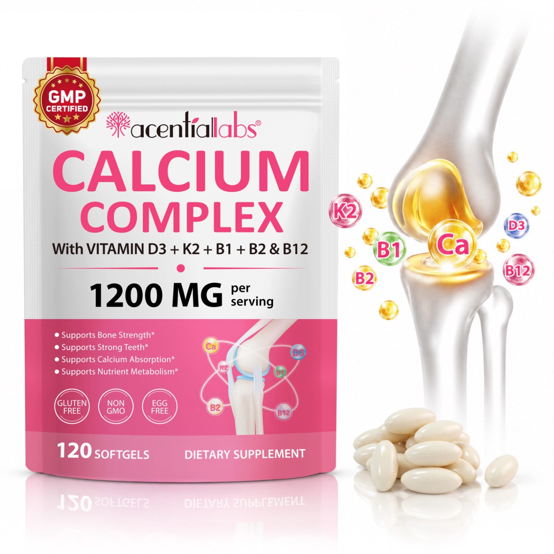 Acentiallabs Calcium Komplex 1200mg Vitamin D3 K2 B1 B2 B12 Knochen Zähne Softgels, Allgemeines Wohlbefinden, Bodybuilding, Fitness
