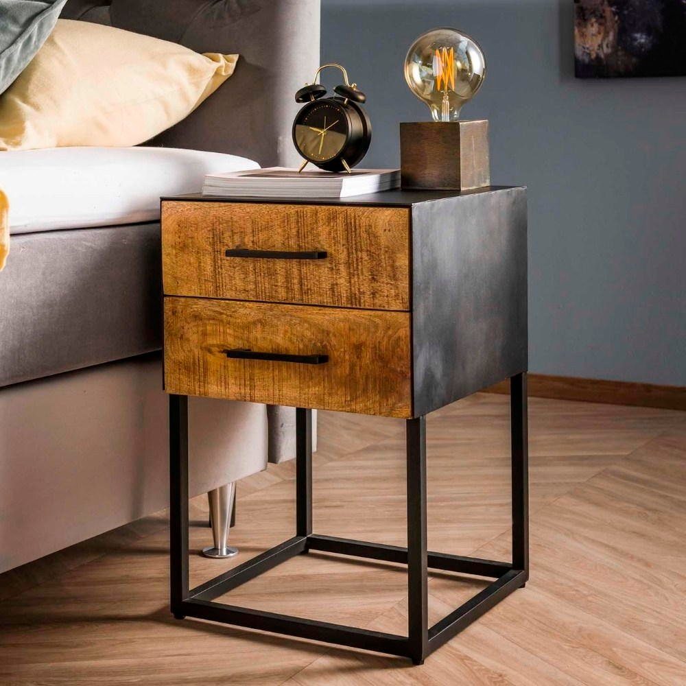 RINGO-Living Beistelltisch in 2 Möbel mit Schubladen Yolli Schwa, Massivholz und Nachttisch Natur-dunkel