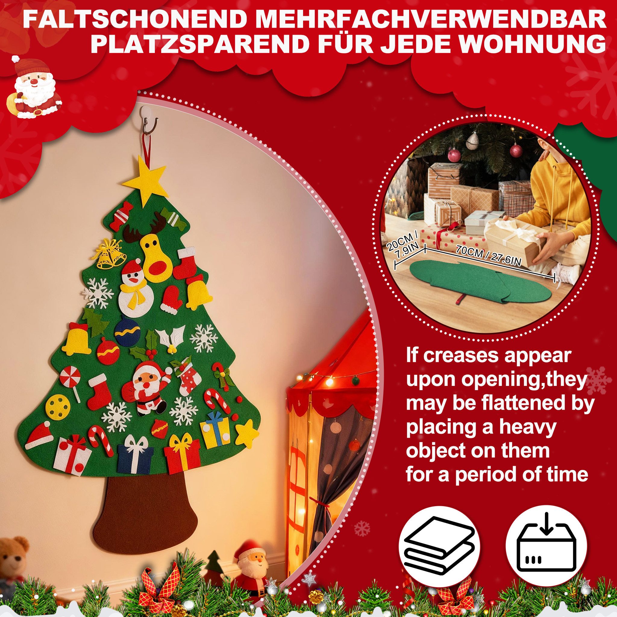 FIVMEN Künstlicher Weihnachtsbaum DIY Filz-Tannenbaum Filzchristbaum Deko 3 Stile, Filz-Tannenbaum, mit 36 Stück Abnehmbaren Ornamenten – Bild 5 von 5