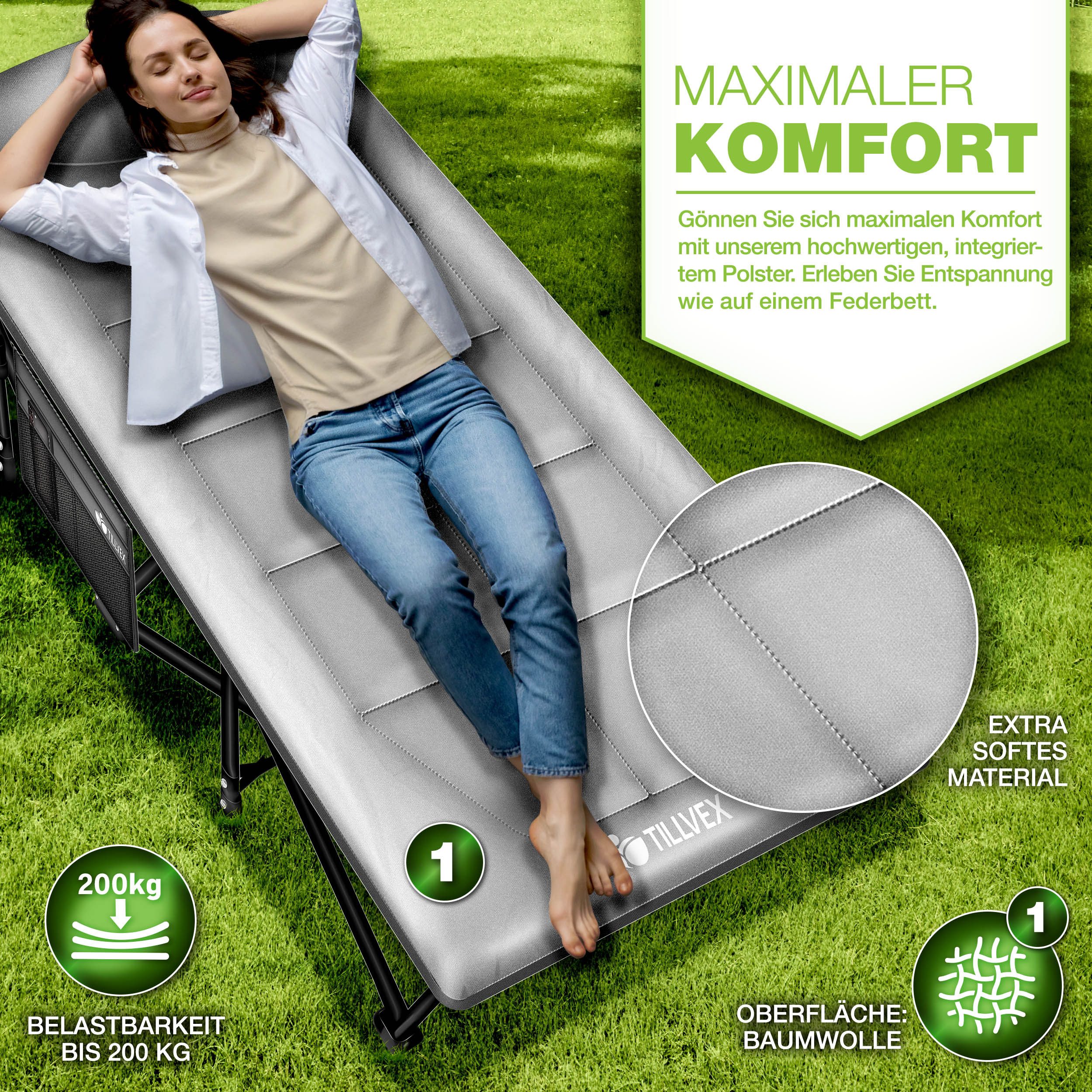 tillvex Feldbett tillvex® Campingbett klappbar mit Tragetasche, Campingliege extra (Klappbett Gästebett faltbar Garten Camping Angeln Festival Reise, Karpfenliege für Outdoor & Indoor) transportieren