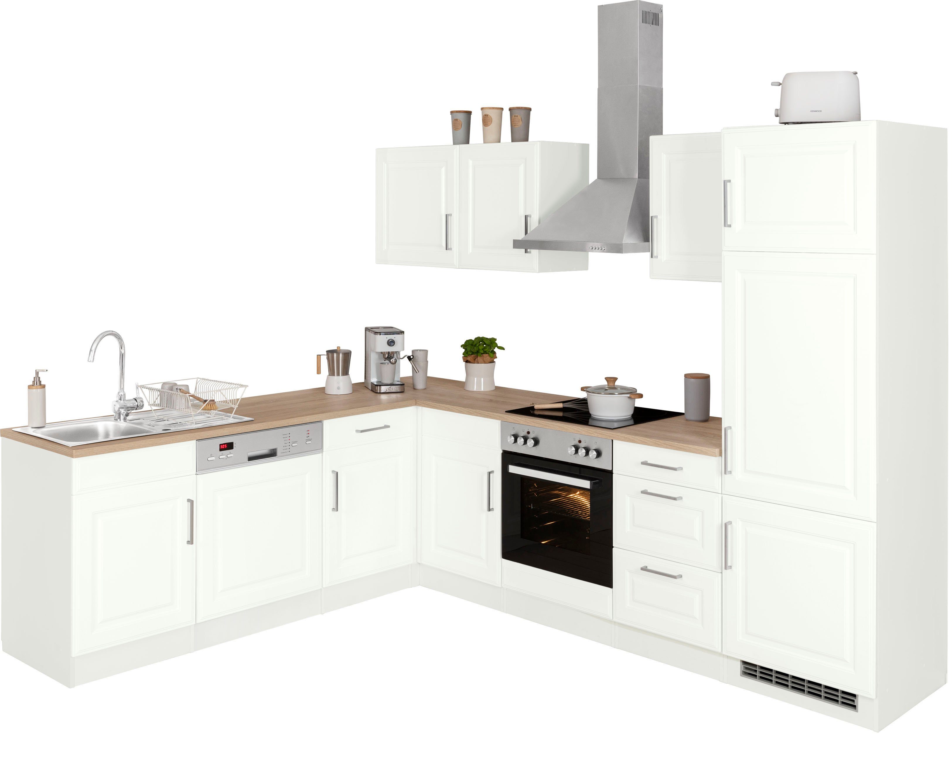 KOCHSTATION Winkelküche KS-Stockholm – Küche mit hochwertiger und detailreicher Landhausfront, Stellbreite 220x280 cm, wahlweise mit E-Geräten, MDF-Fronten