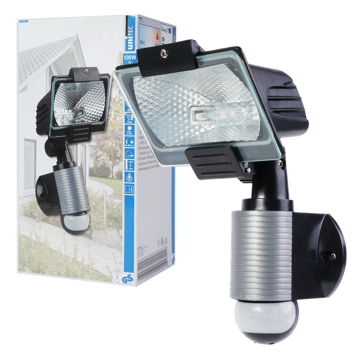 UNITEC LED Außen-Wandleuchte Fluter mit Bewegungsmelder Halterung 120W  Schwarz, Strahlerkopf schwenkbar, IP44 (Spritzwassergeschützt),  Sicherheitsglas, Halogenstab, Warmweiß, Strahler Halogen R7s kann gegen LED-Leuchtmittel  getauscht werden ...