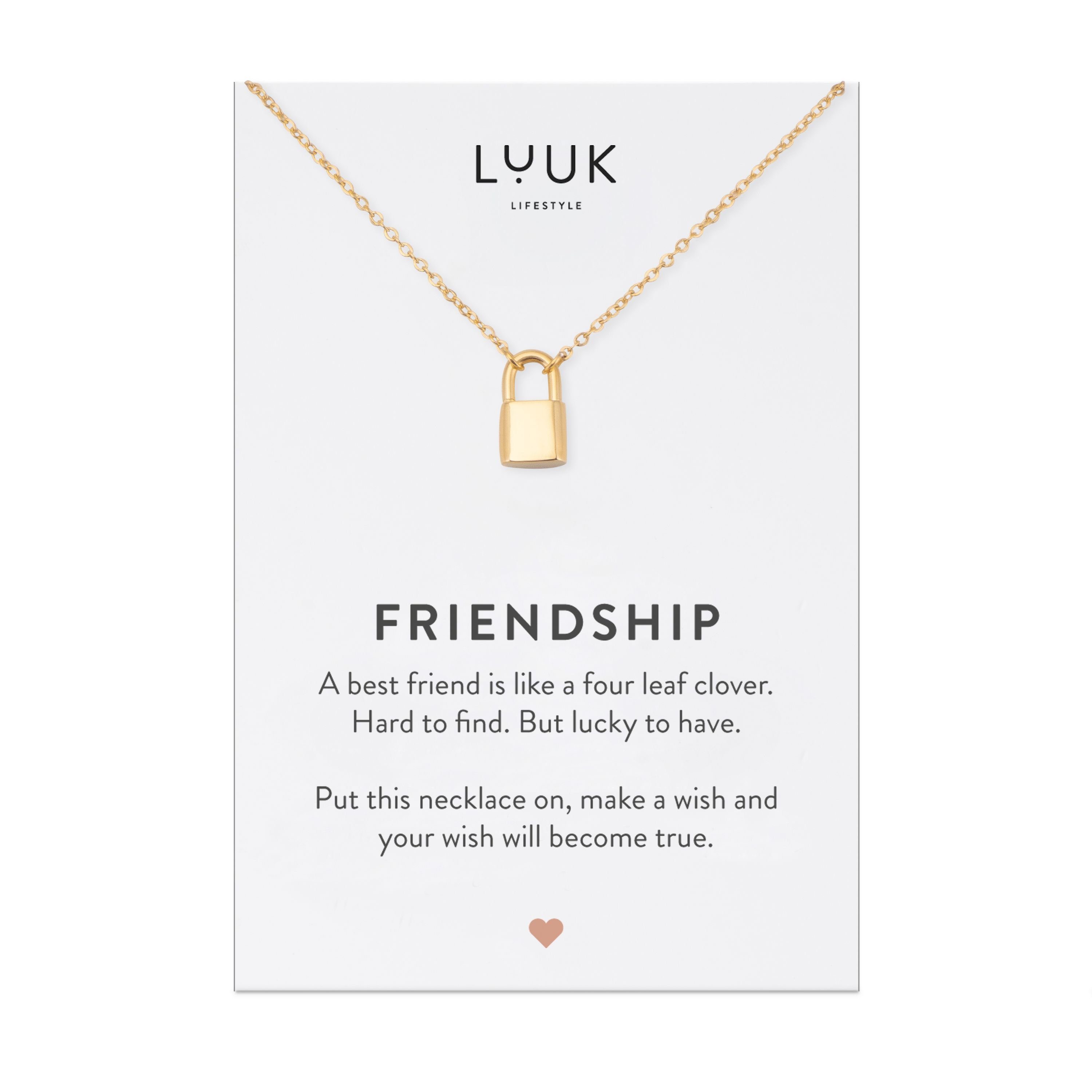 LUUK LIFESTYLE Freundschaftskette Vorhängeschloss, Freundschaftskette aus Edelstahl mit Vorhängeschloss Anhänger und FRIENDSHIP Sprucharte, Schmuck für Frauen, trendiges Geschenk, modernes, minimalistisches Modeaccessoire, Gold