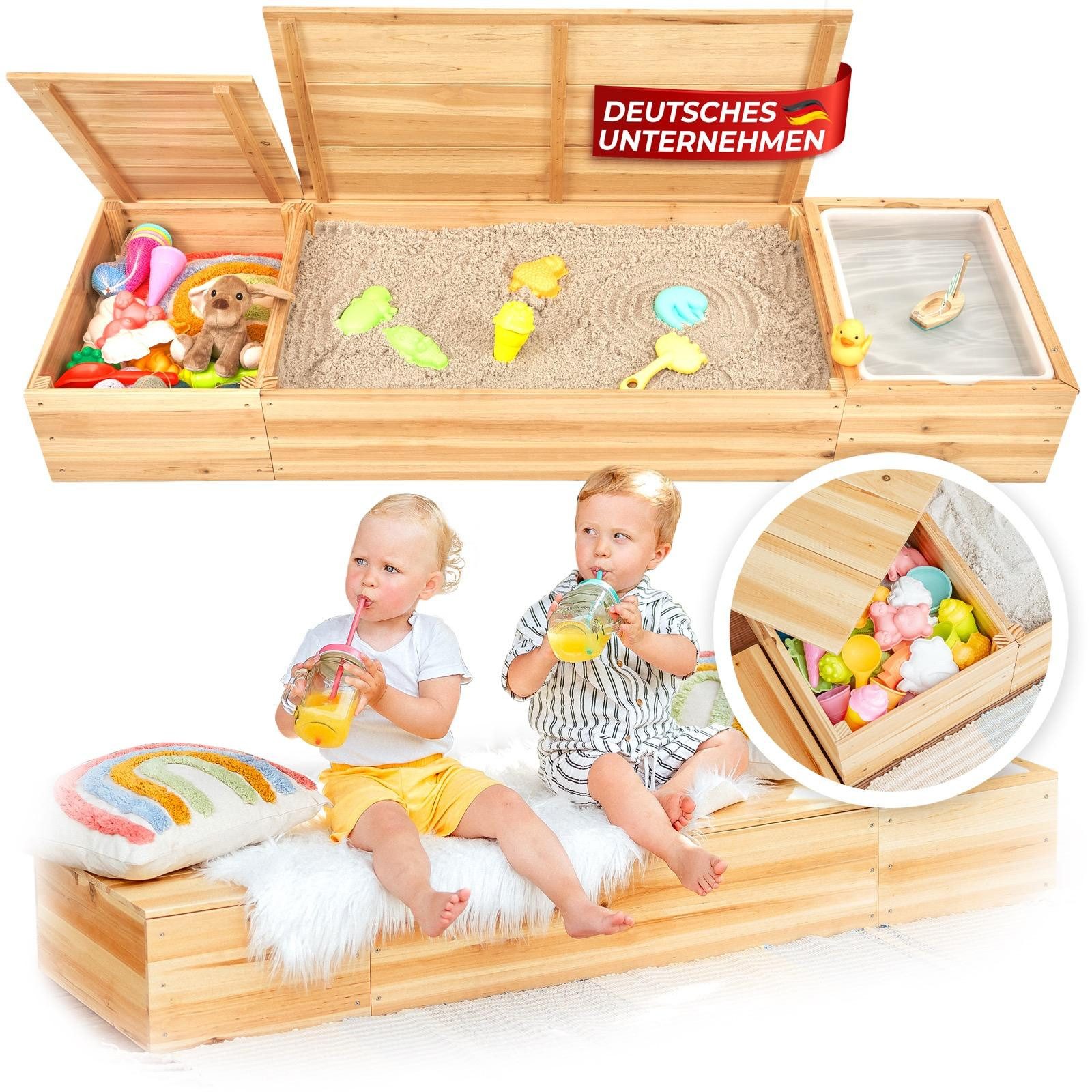 SCHRIMA Sandkasten 4 in 1 Sandkasten aus Massivholz - mit Holzabdeckung + Wasserwanne